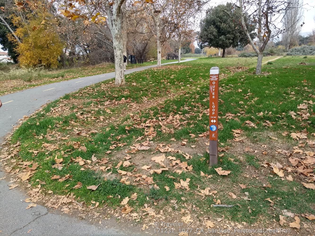 Wooden trail marker post next to a paved path with fallen leaves.
