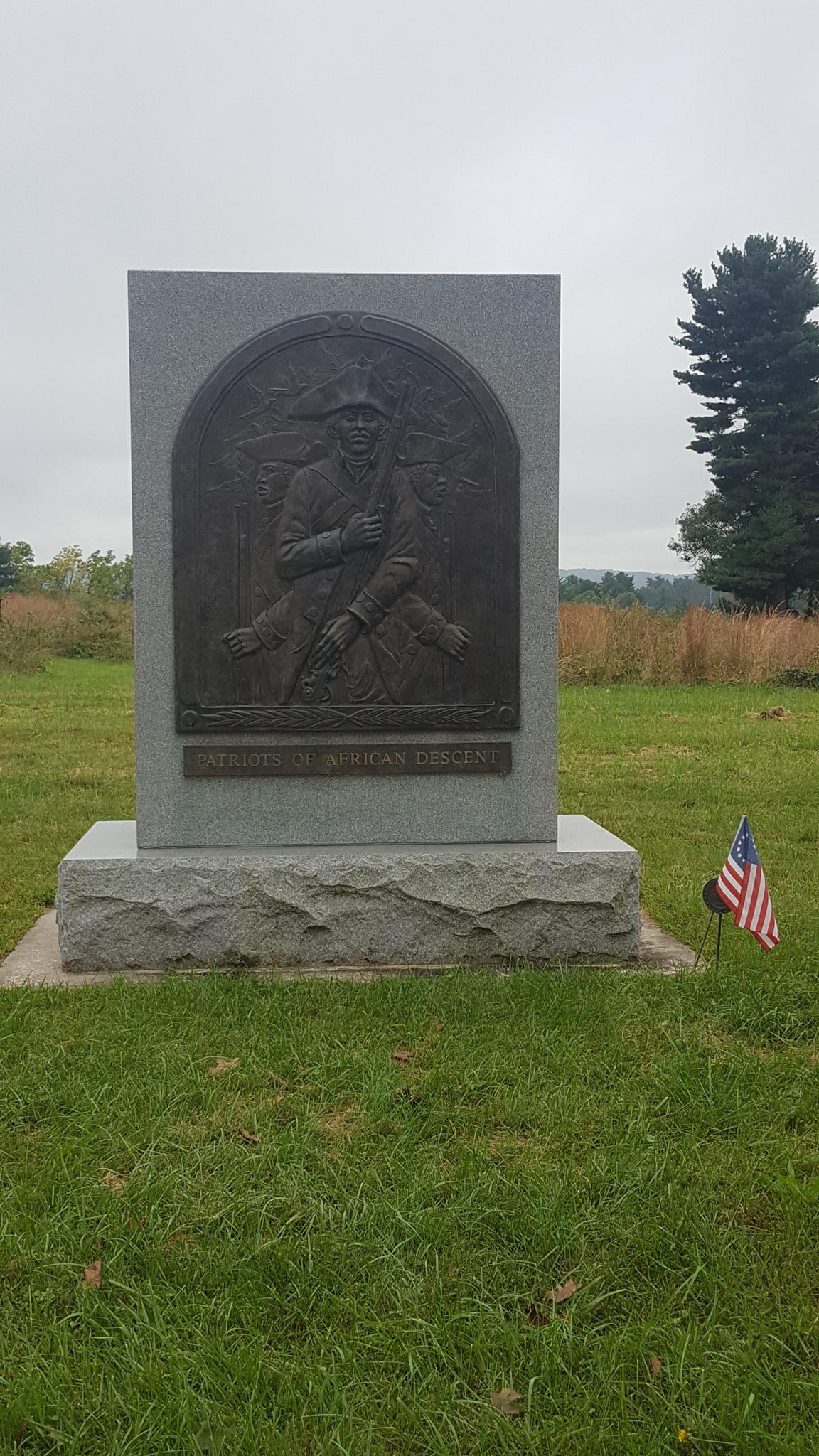 Stone monument with bronze relief in a grassy field under an overcast sky.