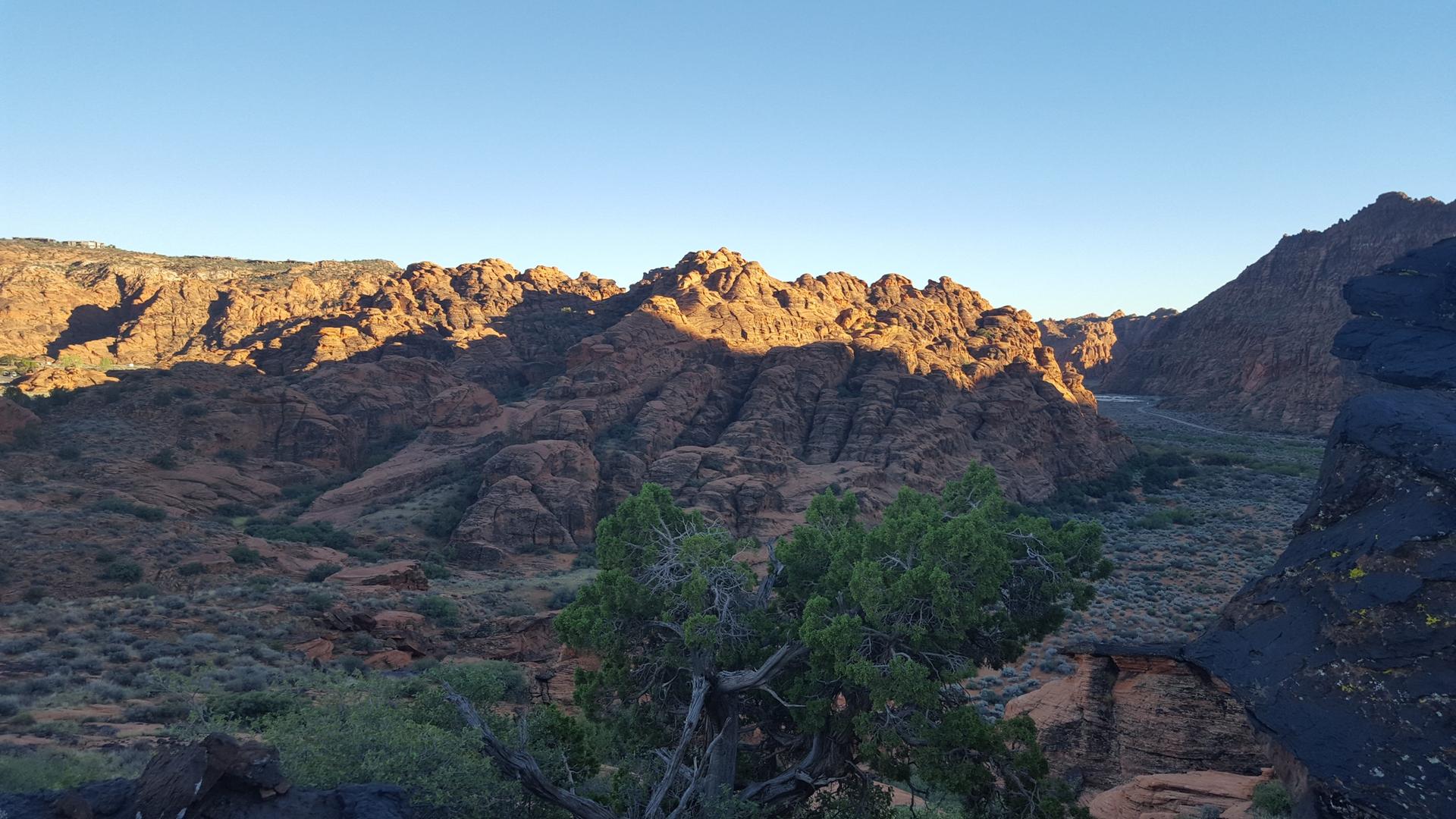 Desert mountains illuminated by warm morning light under a clear blue sky.