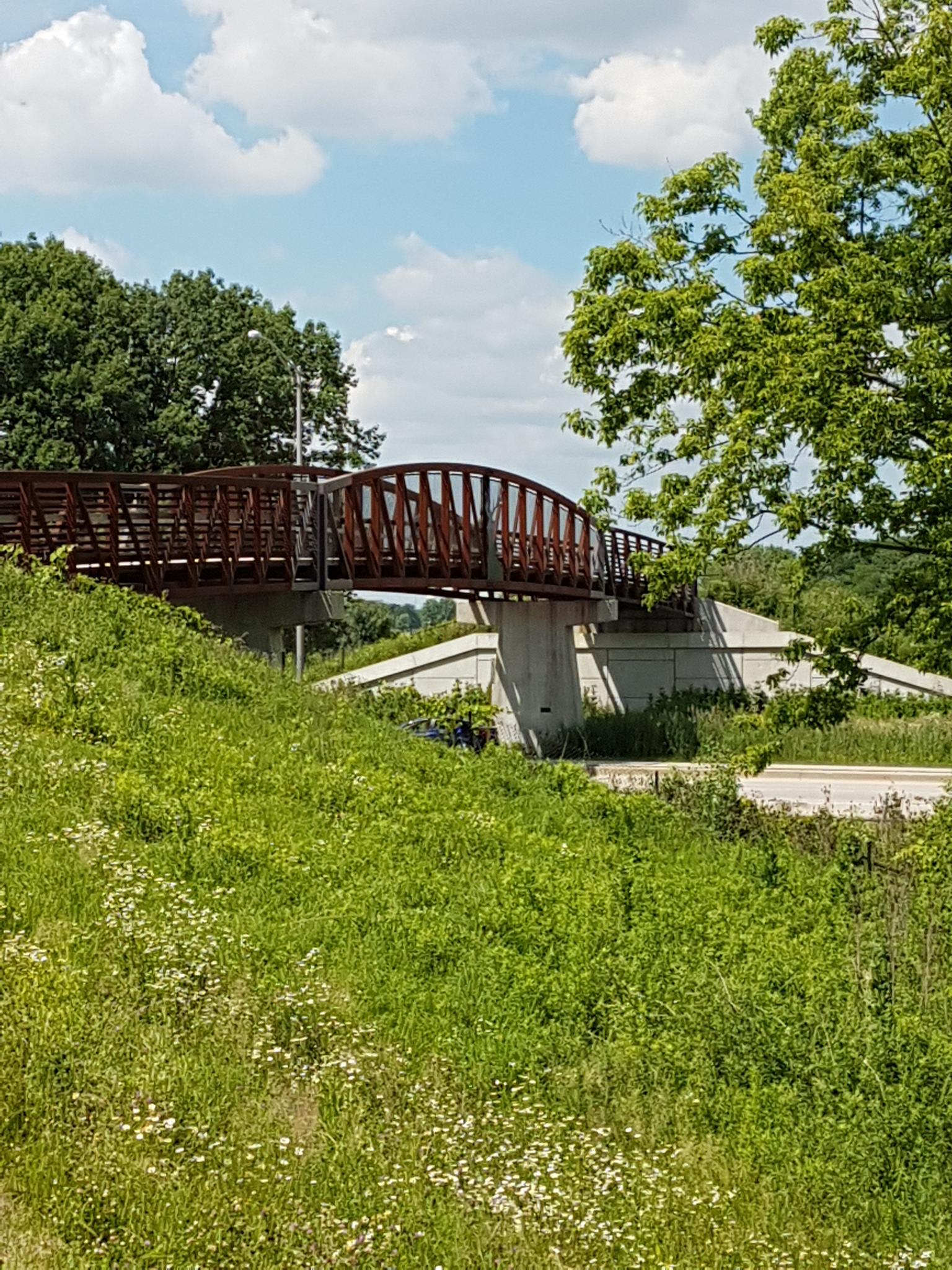 Metal pedestrian bridge over concrete, surrounded by green grass and trees on a sunny day.