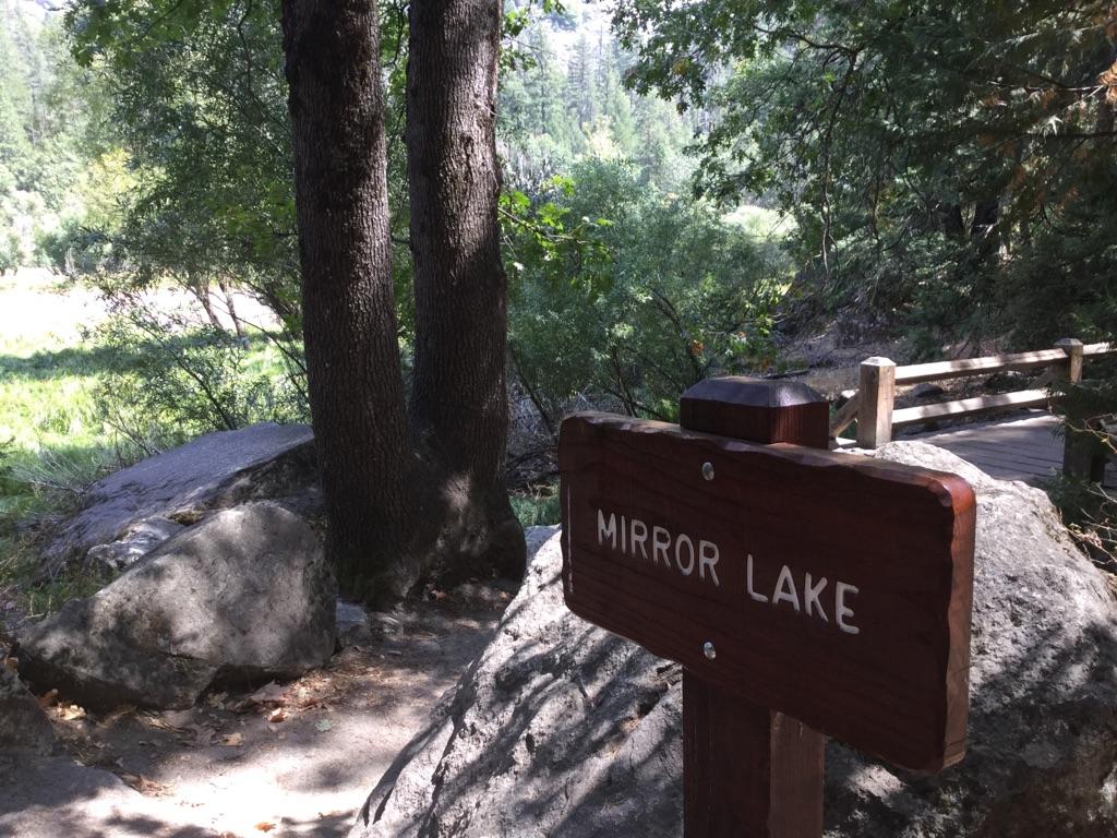 Wooden sign on a sunlit forest path next to large trees and a bridge.