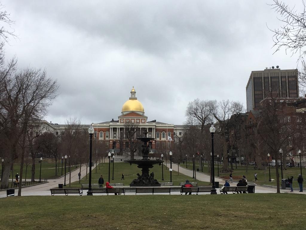 Grand building with golden dome, park, fountain, and people under cloudy sky.