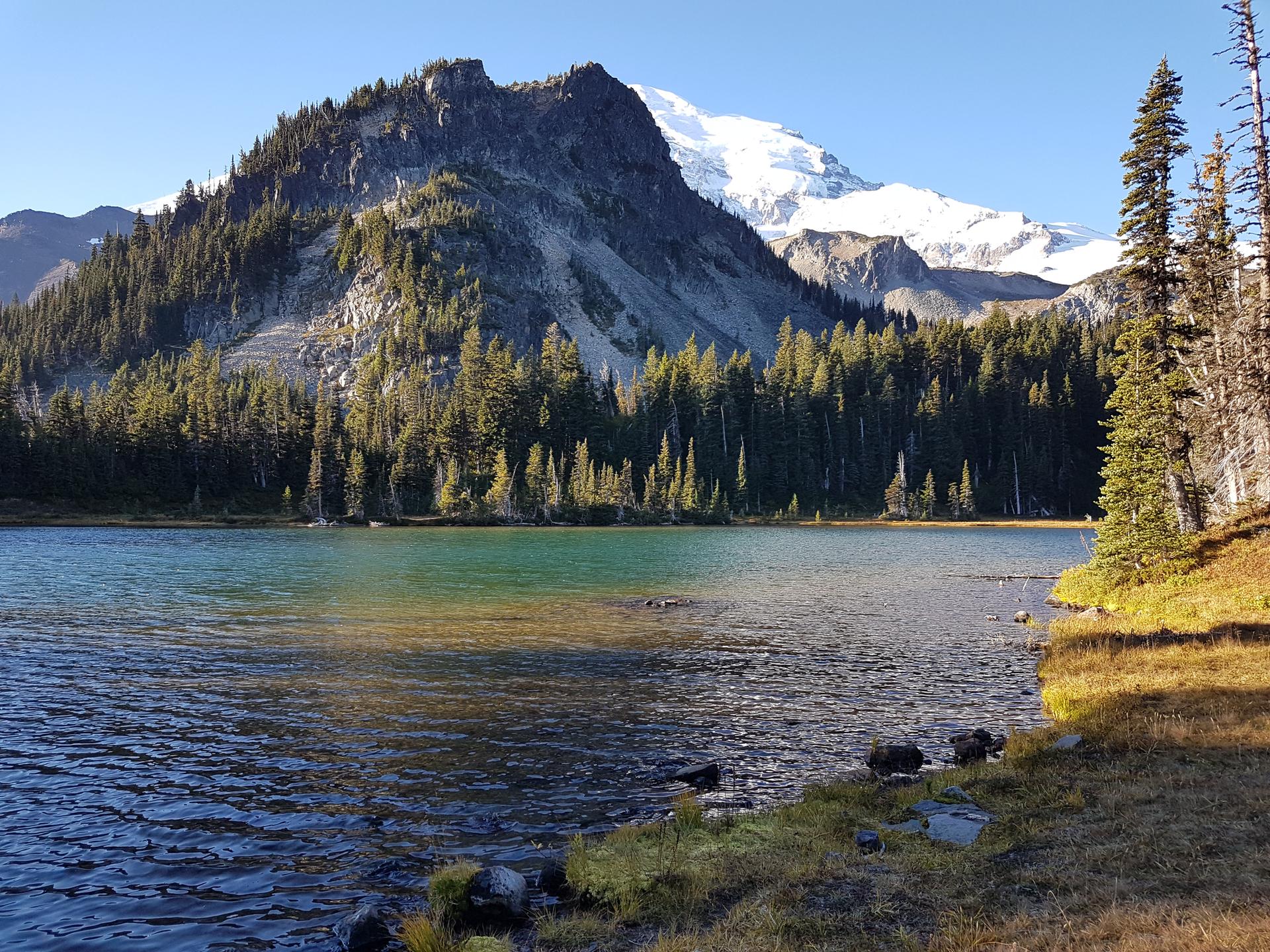 Clear mountain lake with a forested shore and a snow-capped peak.