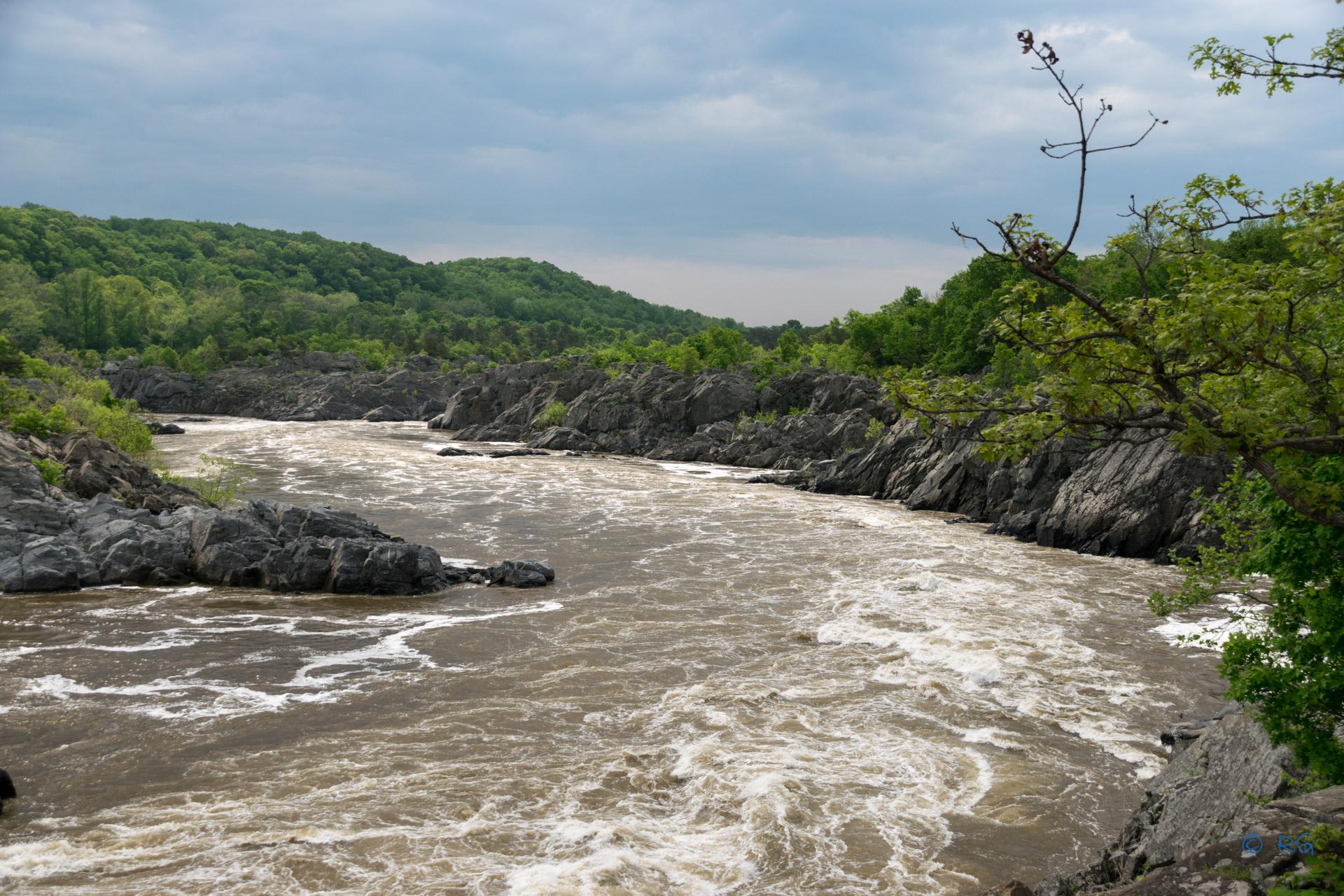 Wide, turbulent brown river with rocky banks and lush green forested hills.