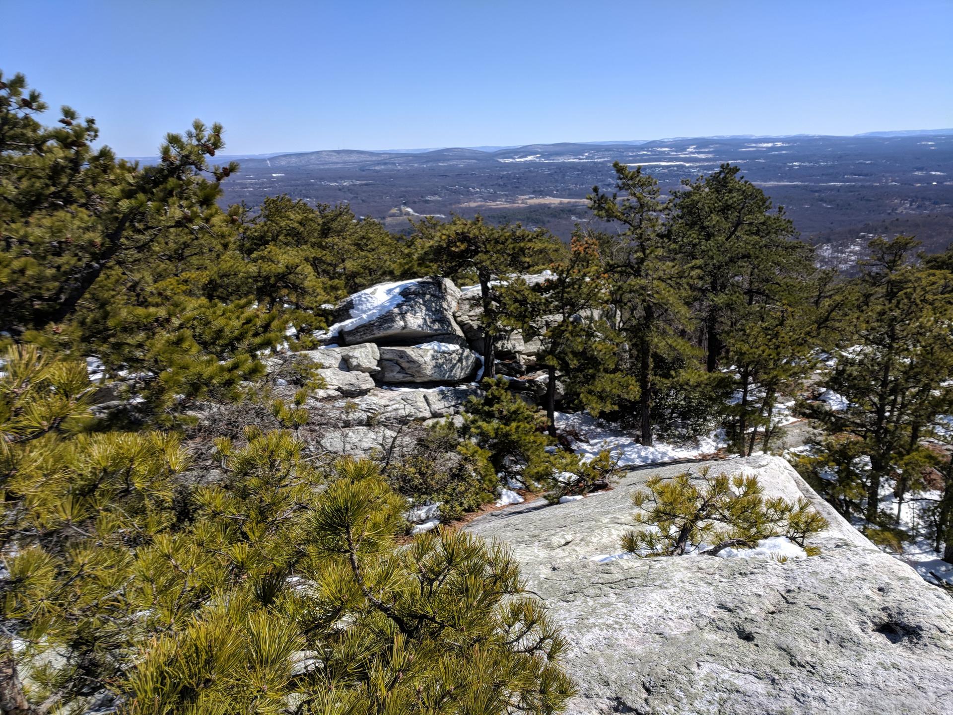 Snowy rocky outcrop with pine trees overlooking a vast winter landscape.