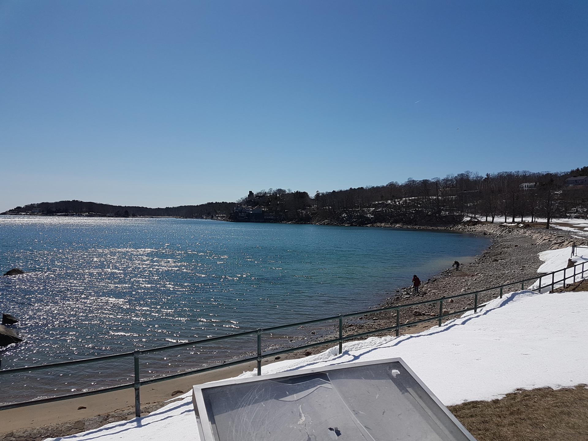 Sunny winter beach scene with sparkling blue water and a person on the shore.