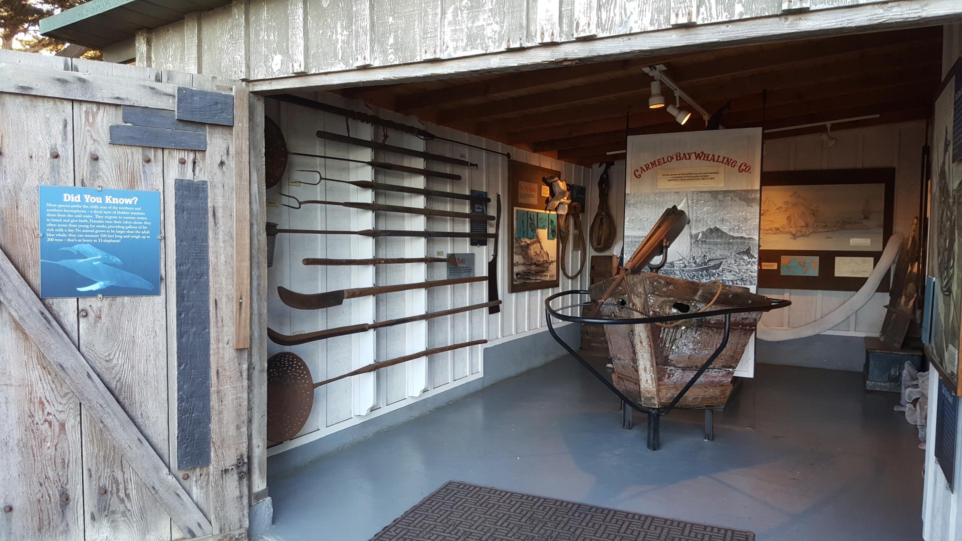 Interior of a wooden shed displaying historical tools, maps, and a small boat.