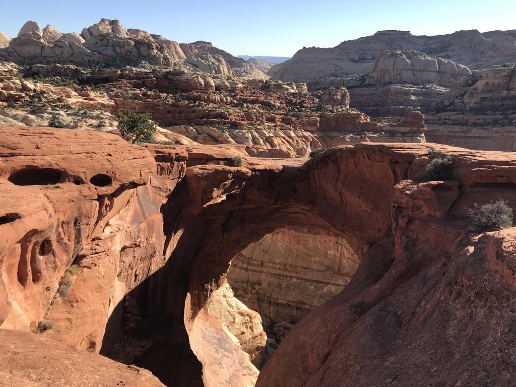 A large natural rock arch spans a deep, sunlit canyon.