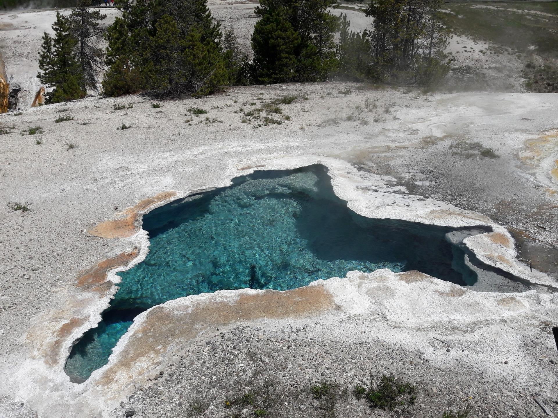 Bright turquoise hot spring pool surrounded by white and orange deposits.