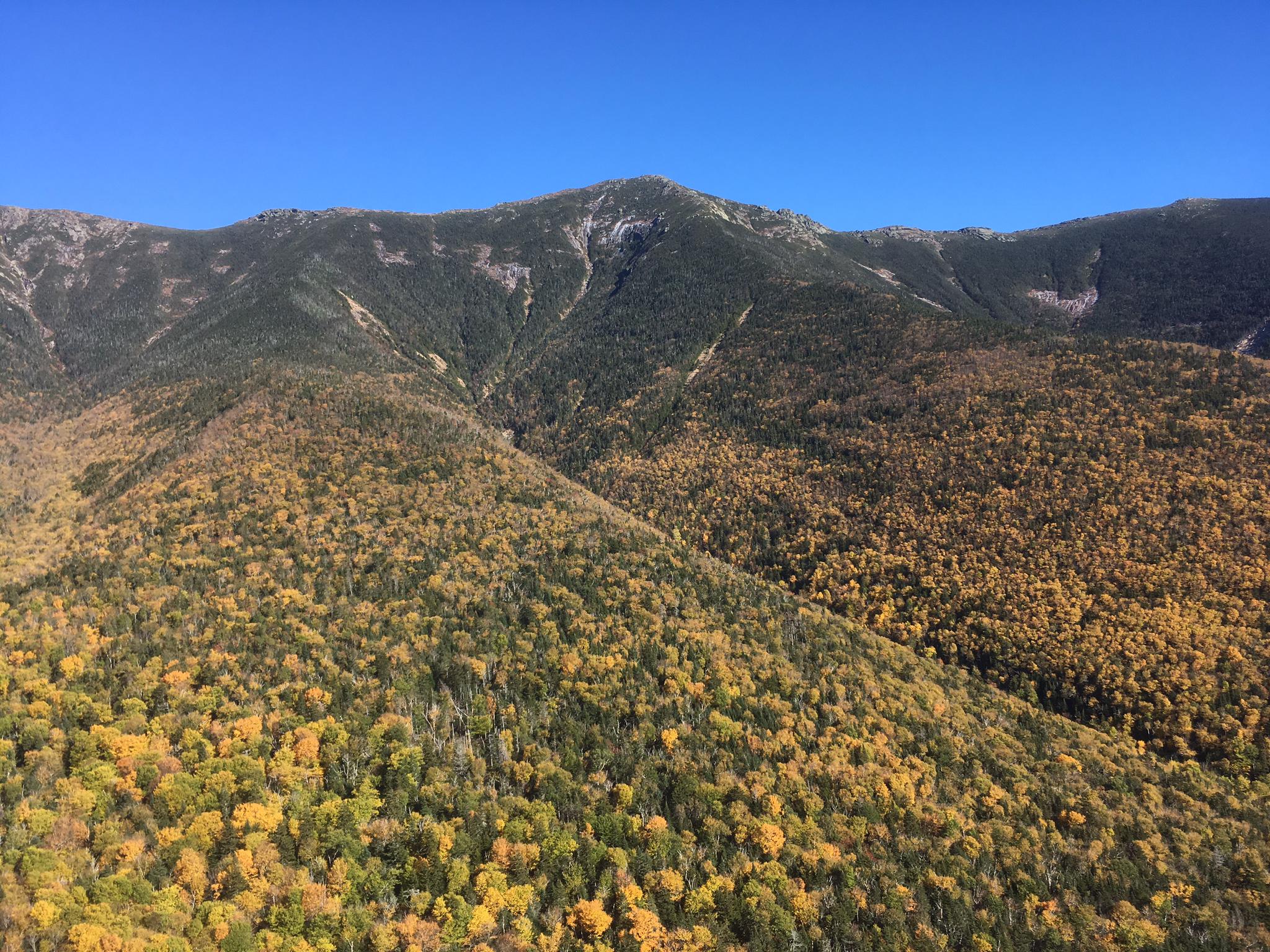 Mountain slopes covered in vibrant yellow and green autumn foliage.
