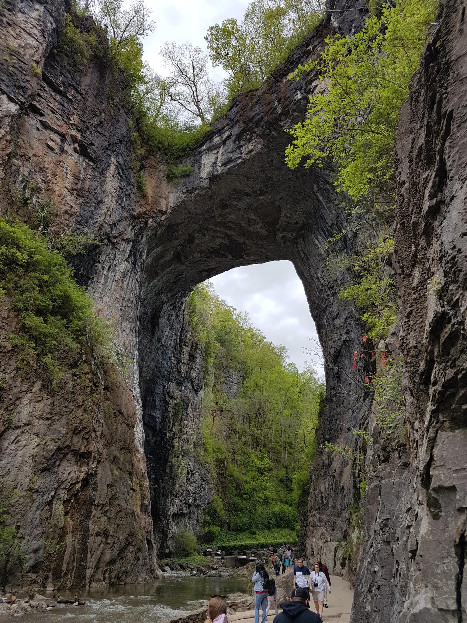 People walk under a massive natural rock arch in a green canyon.