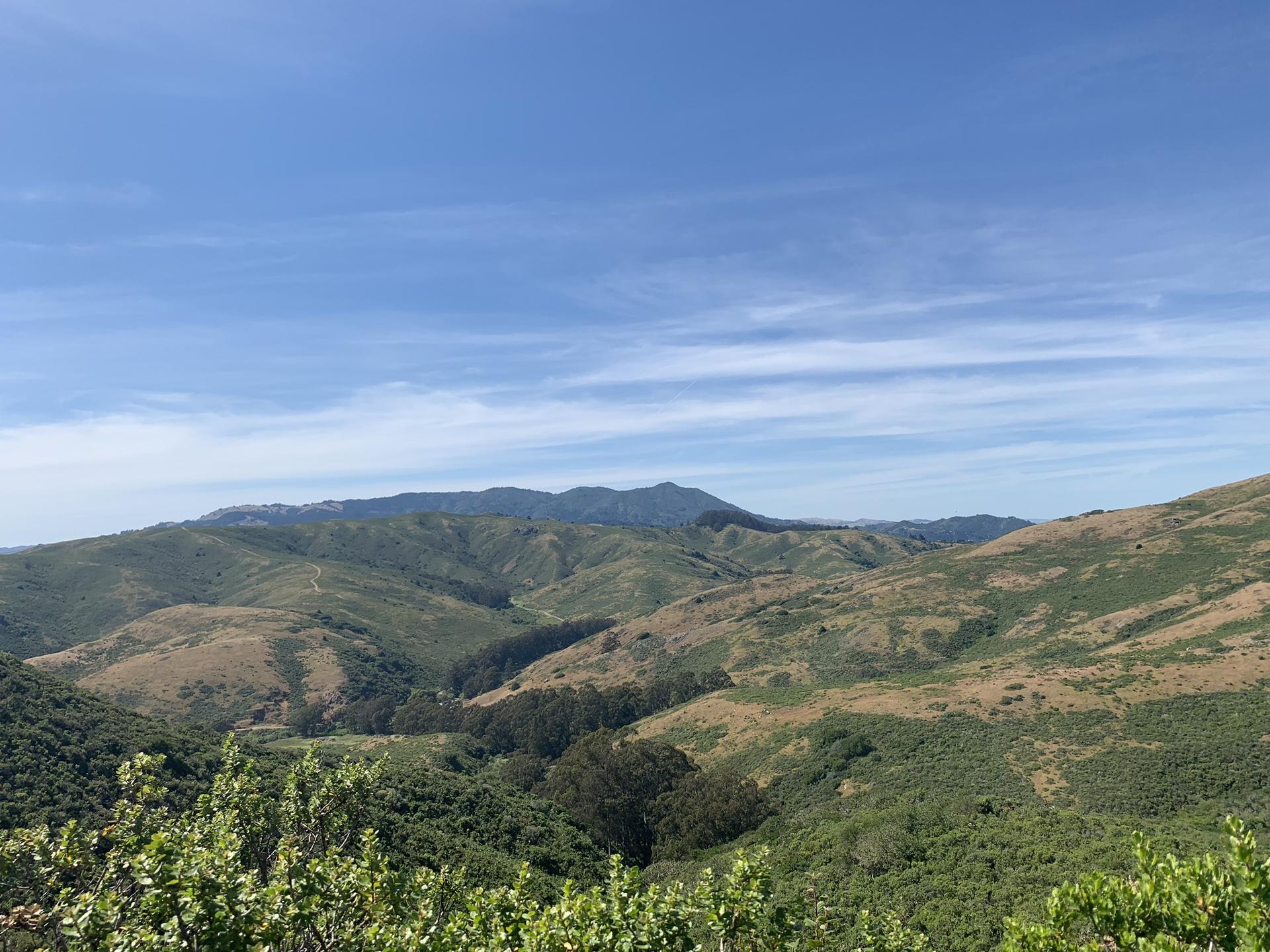 Vast landscape of green and brown rolling hills under a clear blue sky.