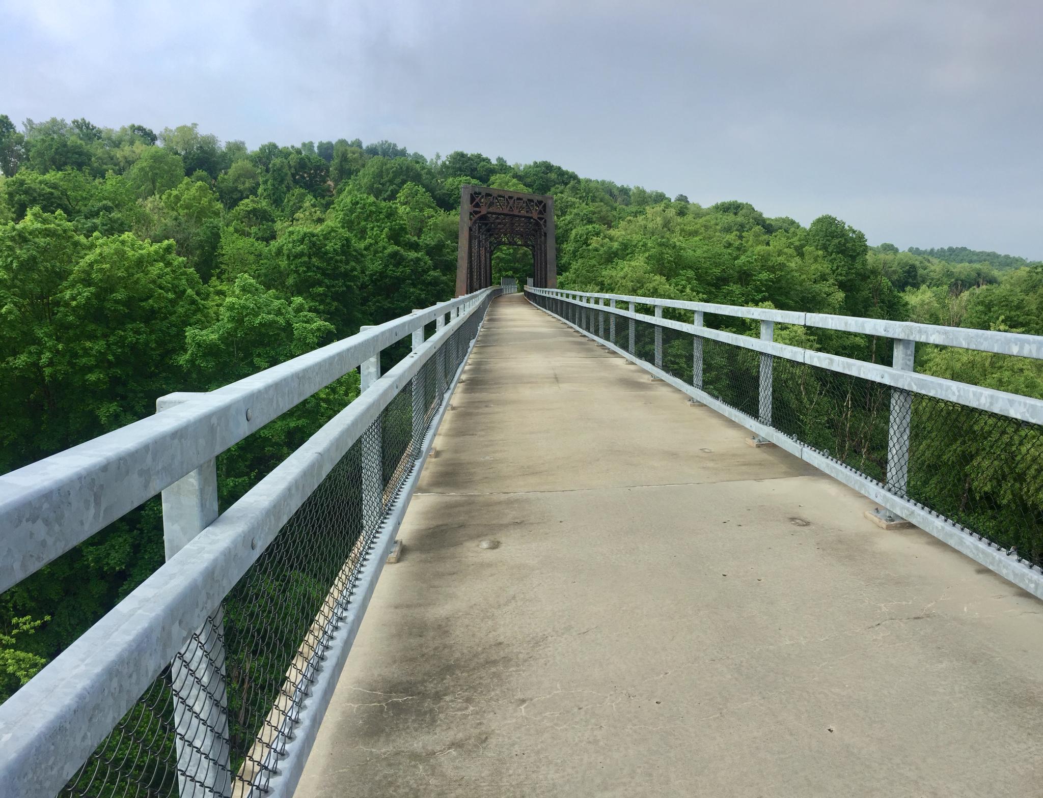 A long concrete bridge with metal railings over a green forest, cloudy sky.