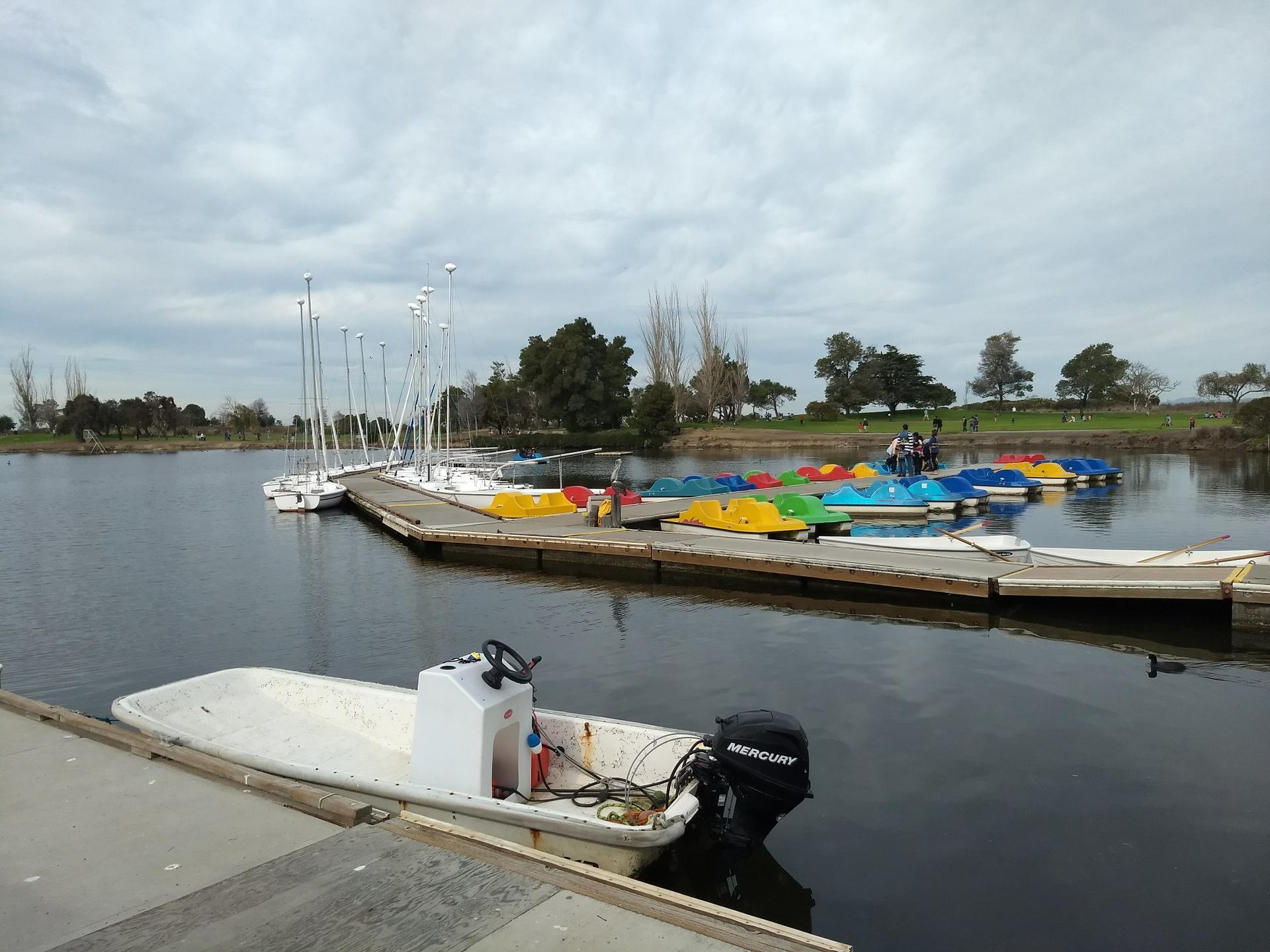 Colorful paddle boats and sailboats docked on calm water under a cloudy sky.