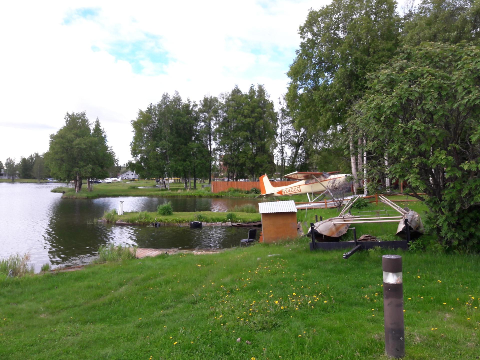 A small floatplane parked on a grassy shore next to a calm lake.