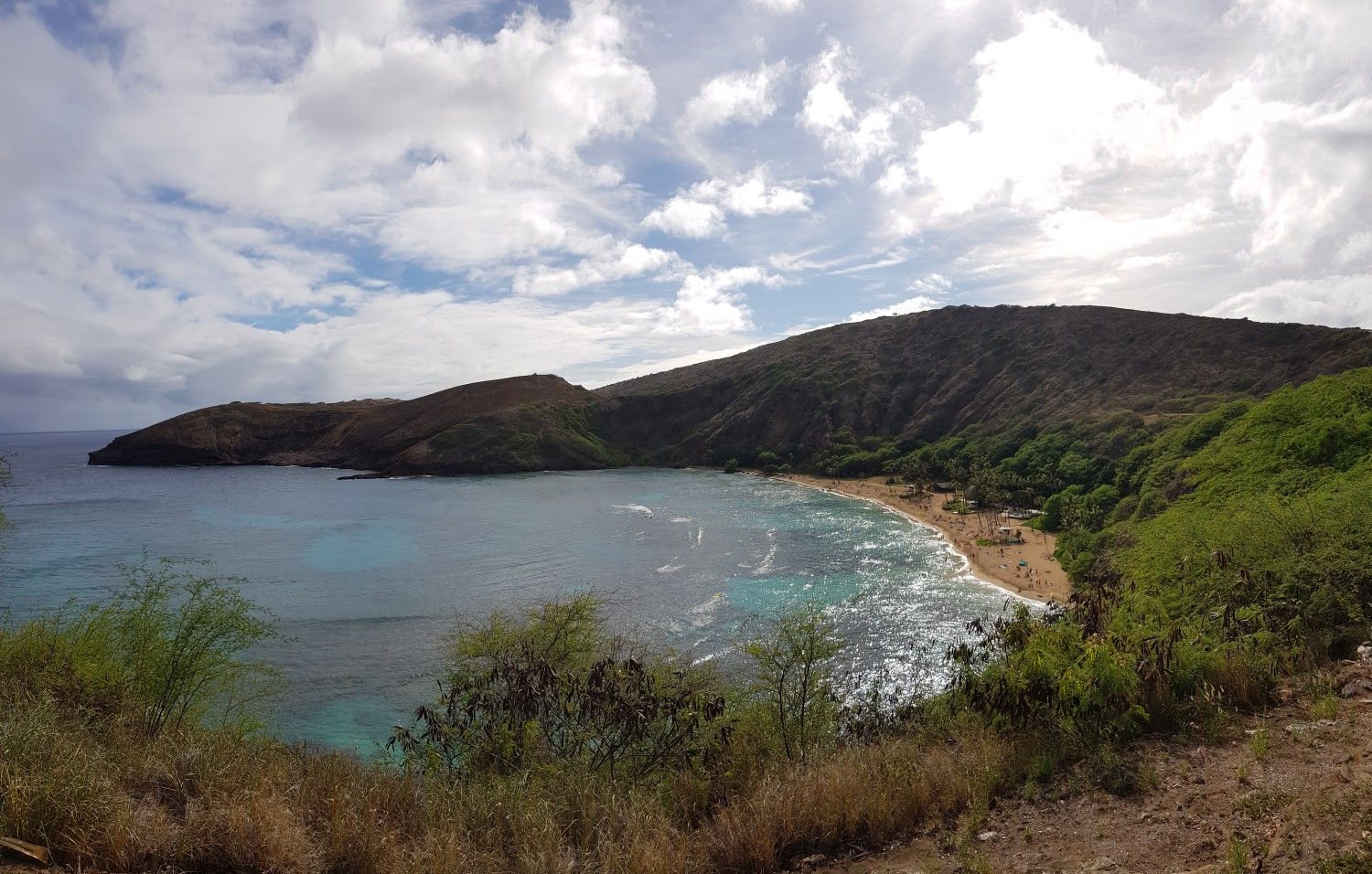 Panoramic view of a scenic bay with green hills and a sandy beach. - The Tram at Hanauma Bay