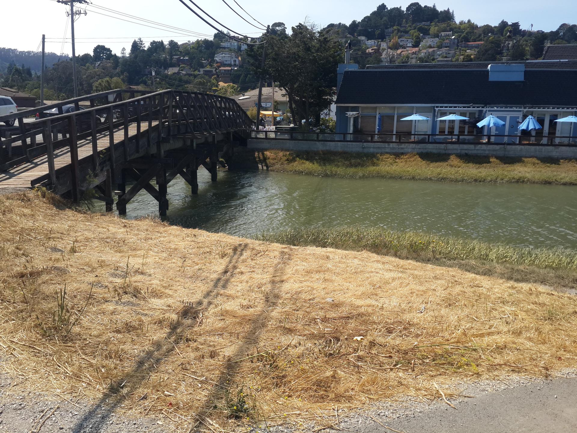 Wooden bridge over water, building with umbrellas, and sunny conditions.