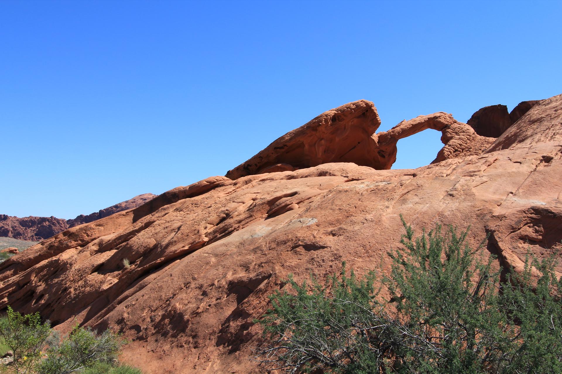 Natural red rock arch against a clear blue sky, with desert plants.