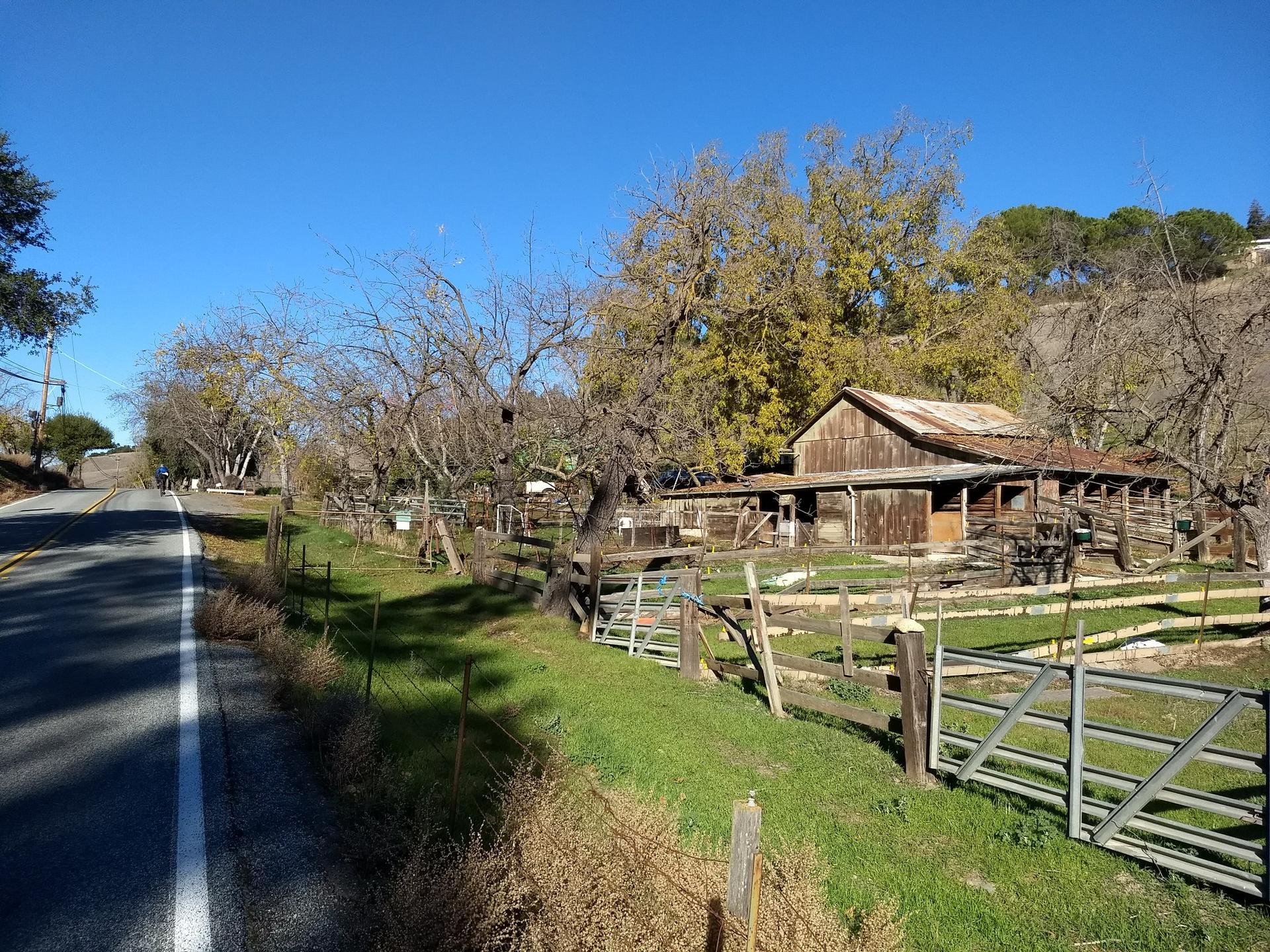 An old wooden barn stands in a sunny, grassy field with bare trees.