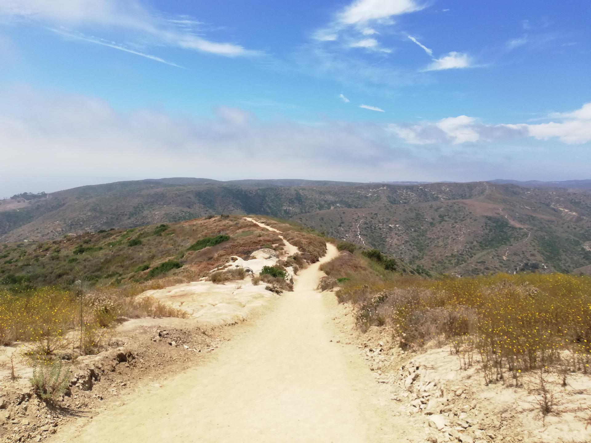 A wide dirt trail stretches through dry, rolling hills under a bright sky.