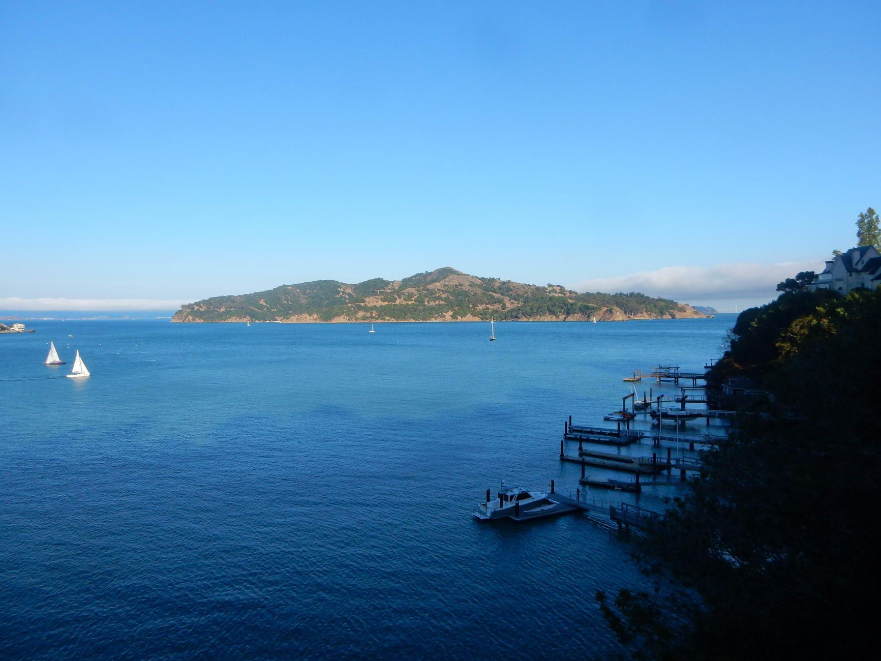 Blue water with a green island, sailboats, and docks under a clear sky.