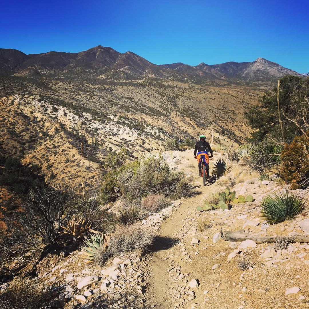 Mountain biker on a desert trail with vast mountains under bright sun.