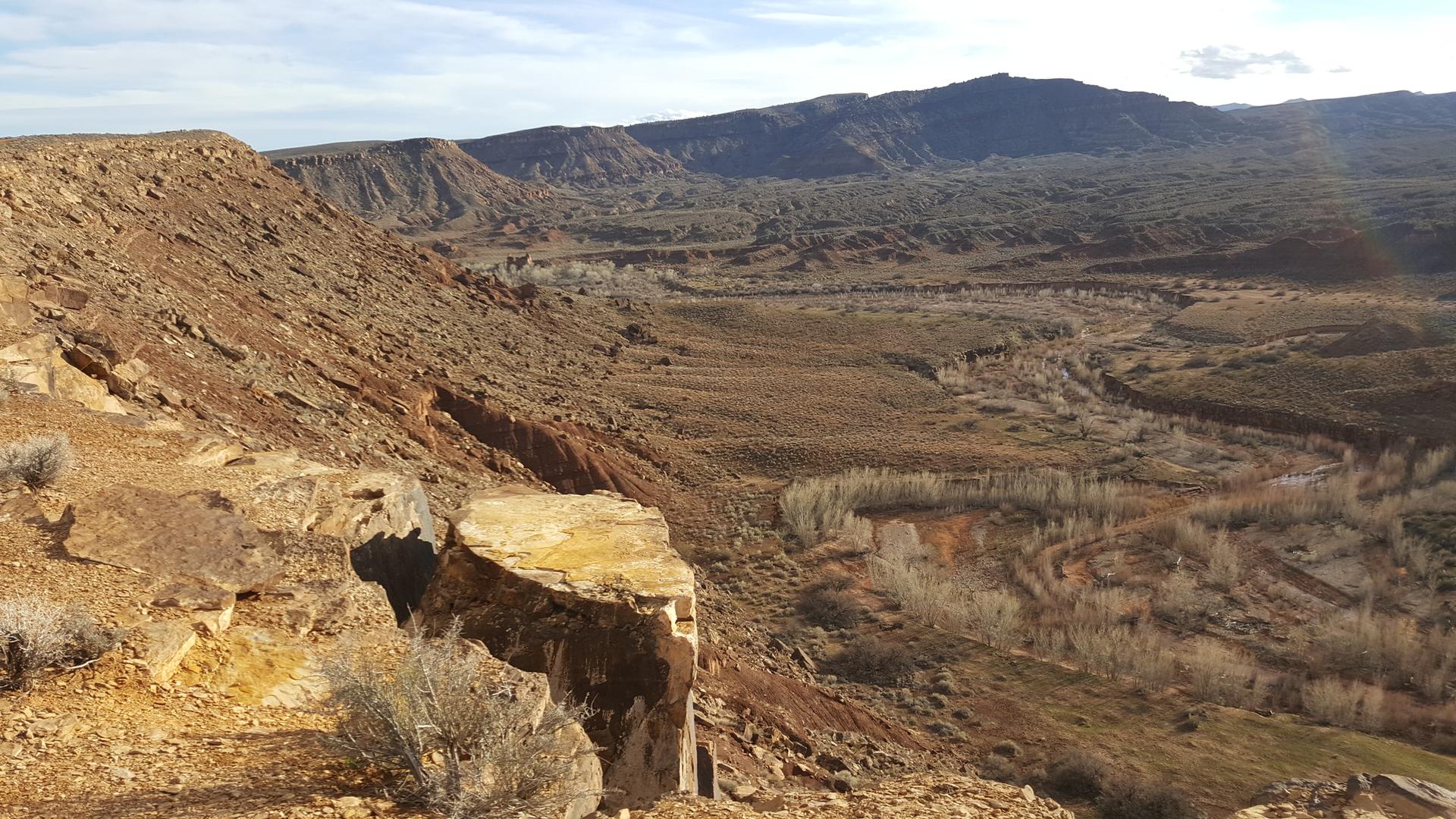 Expansive desert canyon with riverbed and distant mountains under bright sky.