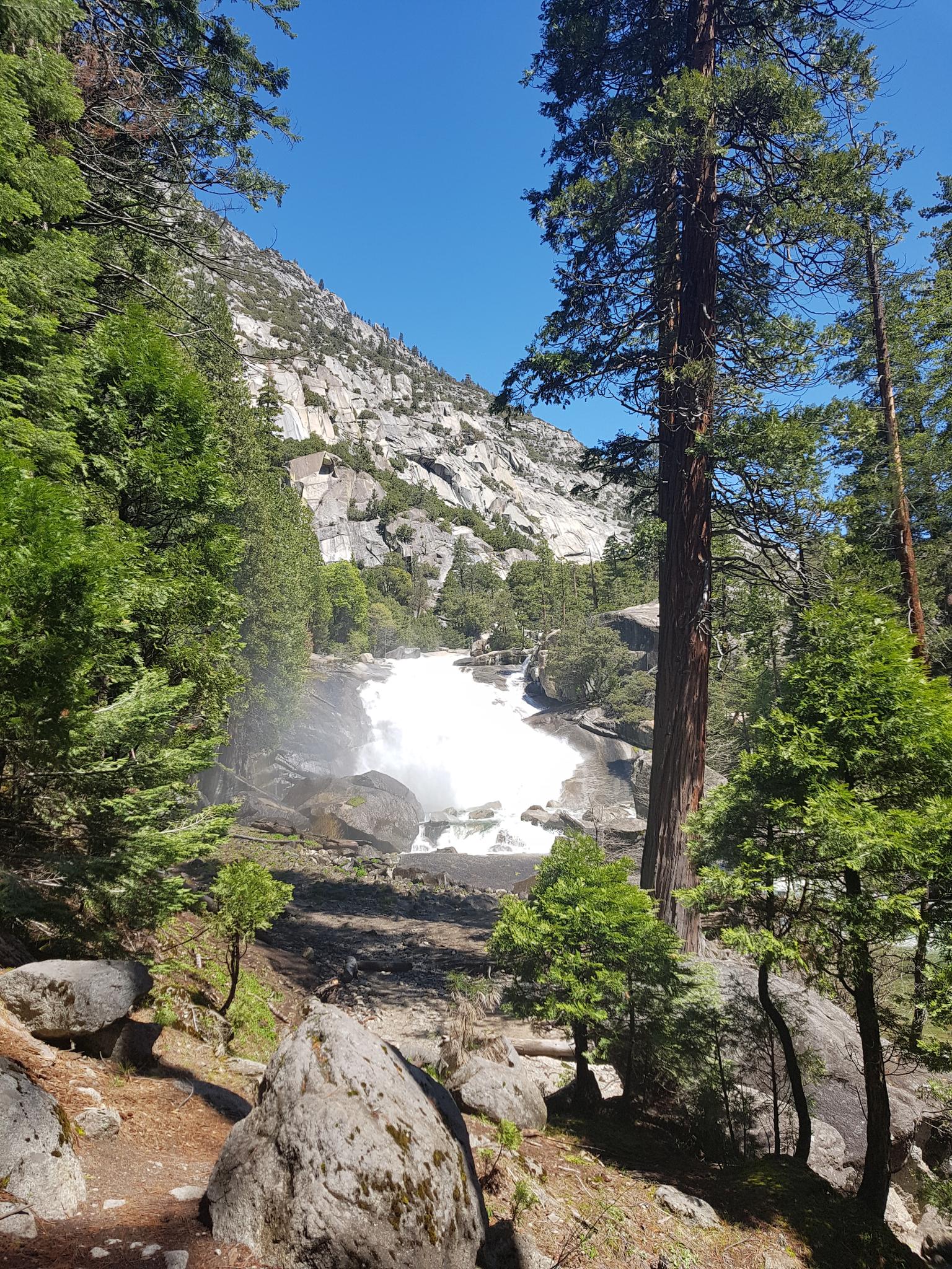 Waterfall cascading into a pool, surrounded by tall trees and rocky mountains. Bright daylight.