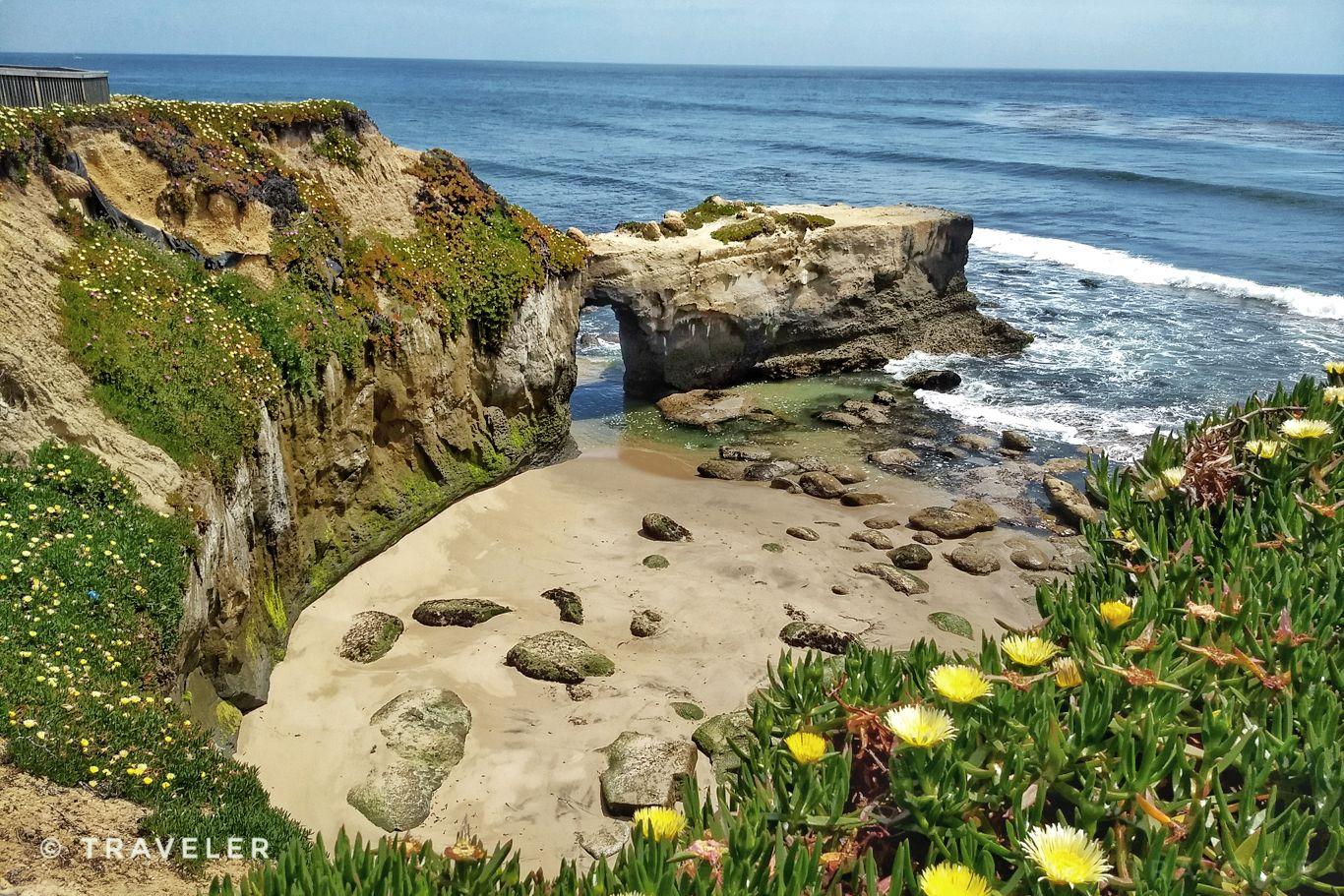 Sunny cove with a natural rock arch, sandy beach, and vibrant green plants.