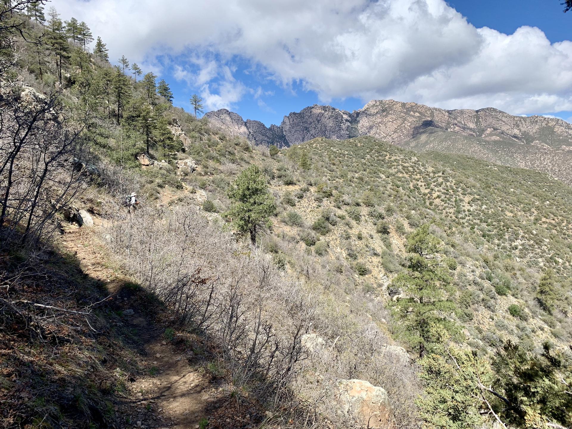 A hiker on a mountain trail with rugged peaks under a partly cloudy sky.