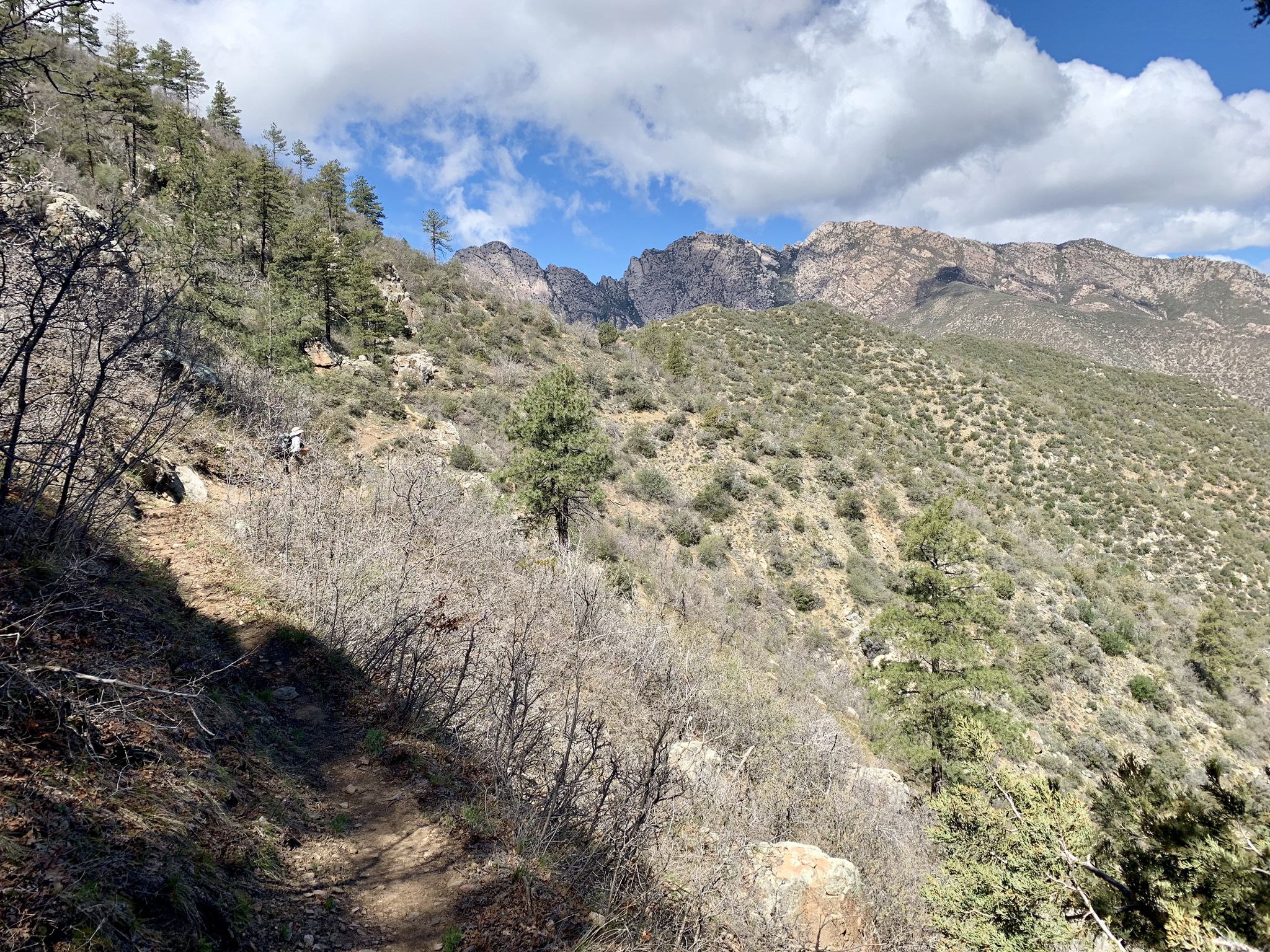 A hiker on a mountain trail with rugged peaks under a partly cloudy sky. - Four Peaks Trail to Arizona Trail
