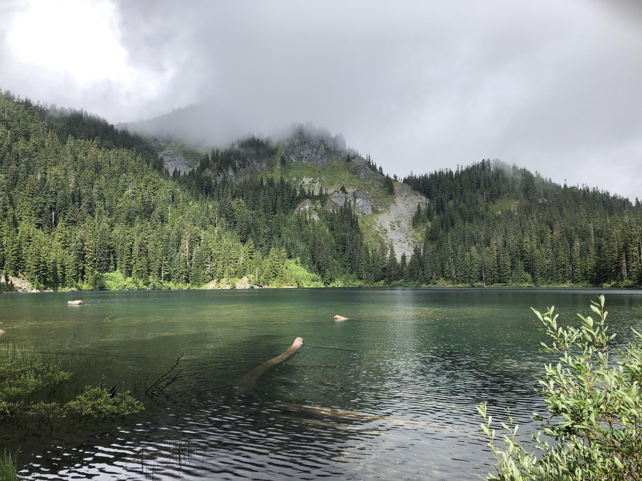 Serene mountain lake surrounded by dense evergreen forests on a cloudy day.