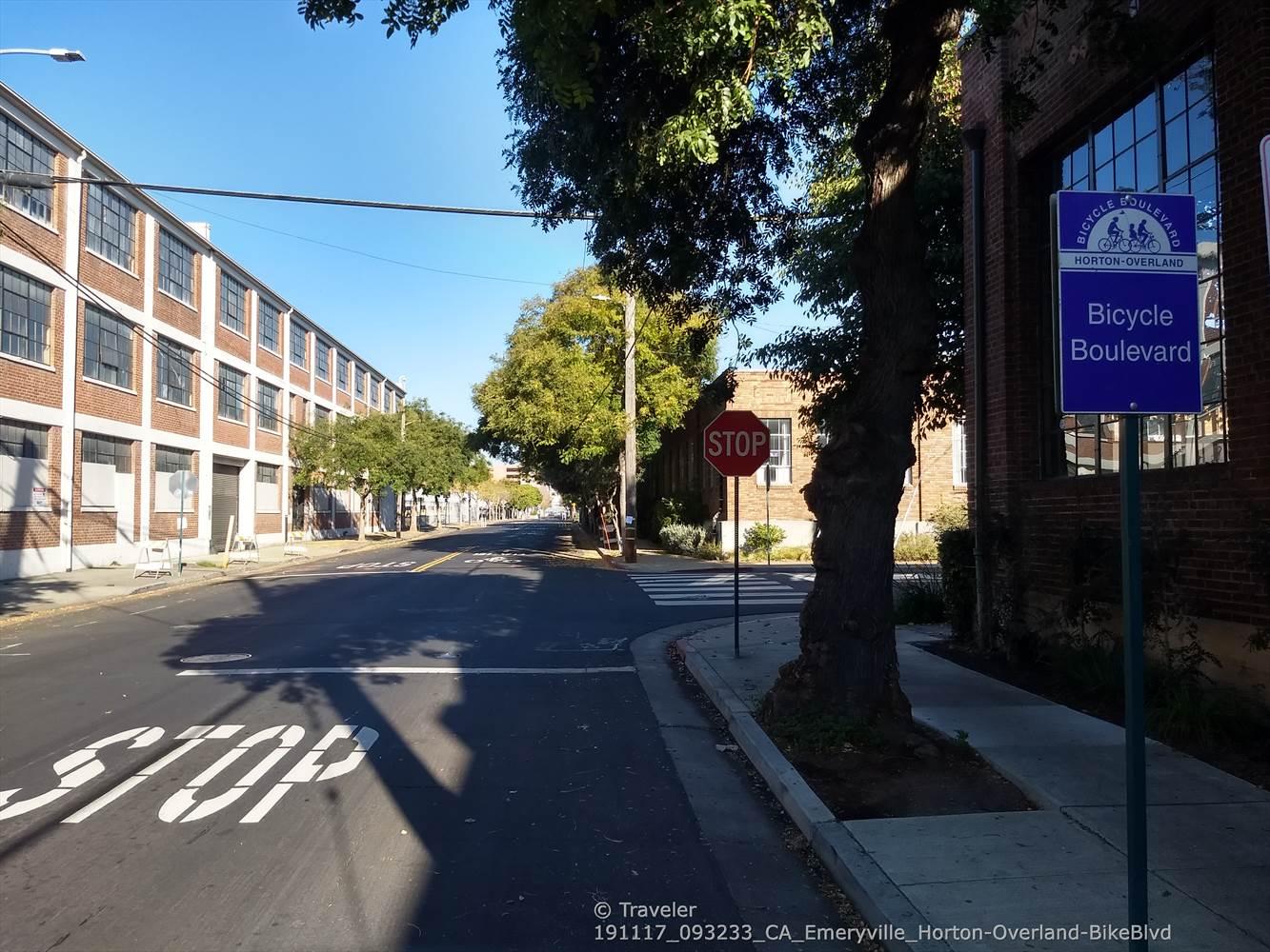 Urban street with a stop sign, buildings, and trees under a clear blue sky.