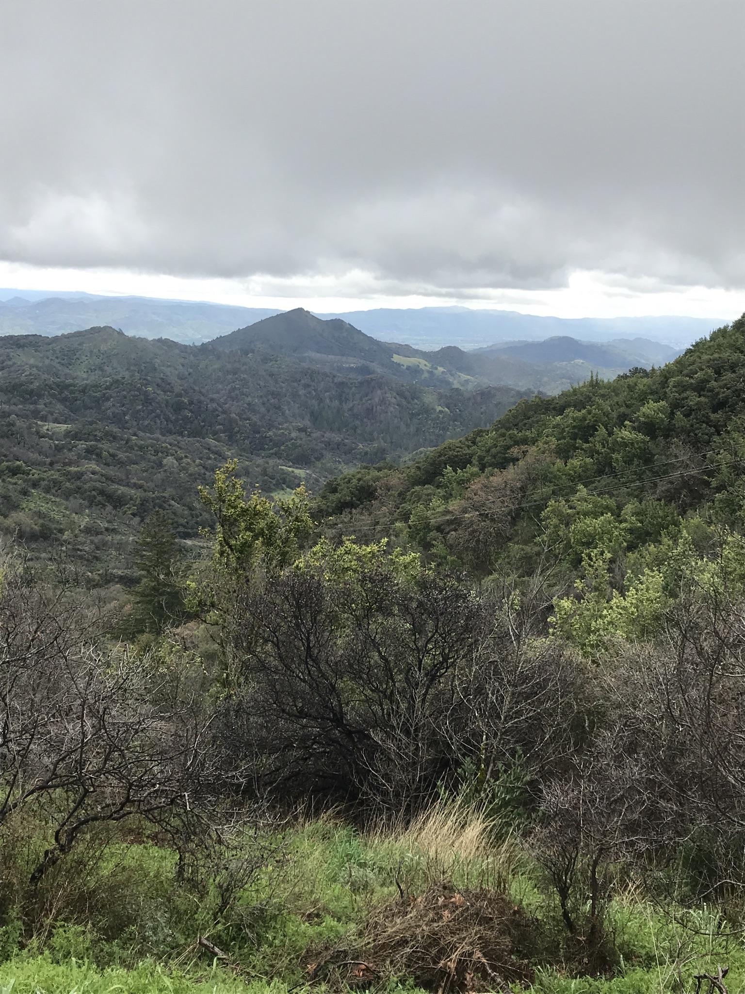 Lush green mountains and valleys under a cloudy, overcast sky.