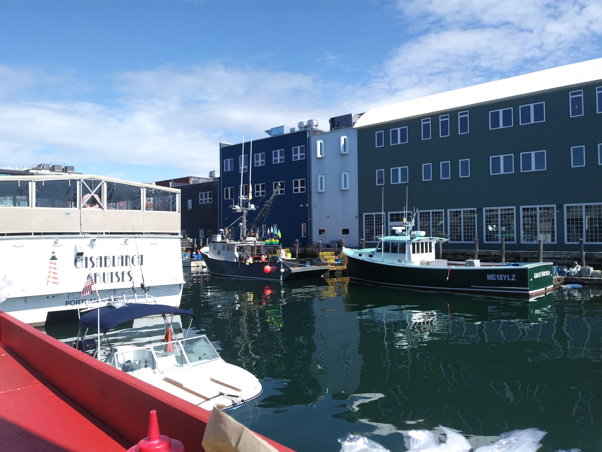 Multiple boats docked in calm water next to large waterfront buildings on a sunny day. - Eastern Promenade Trail – East End Beach loop from Portland
