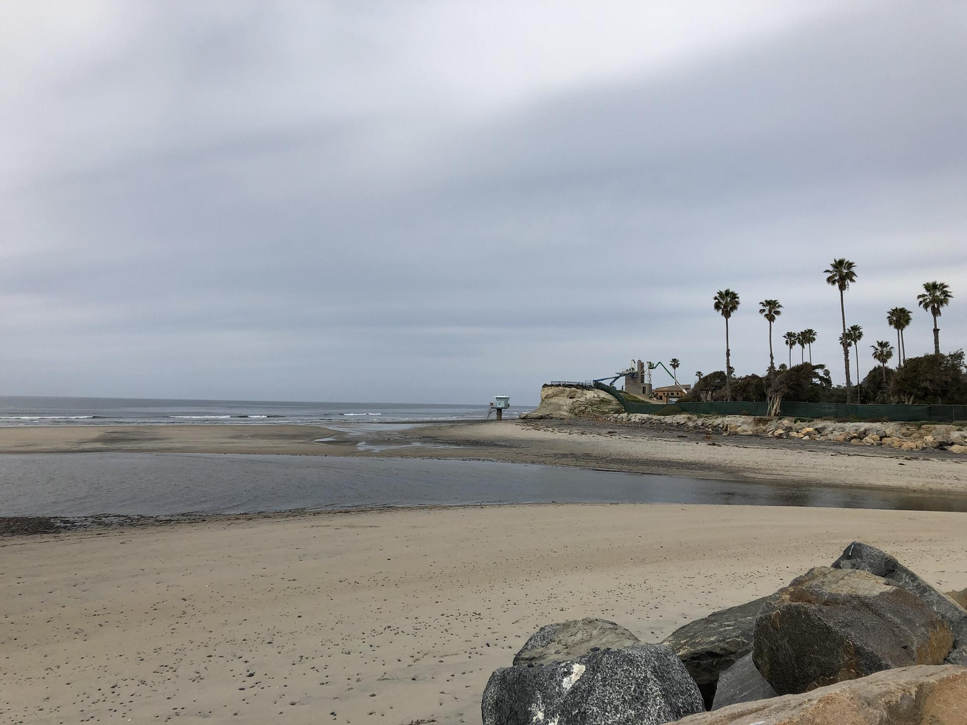 Wide sandy beach with calm water, distant palm trees, and an overcast sky.
