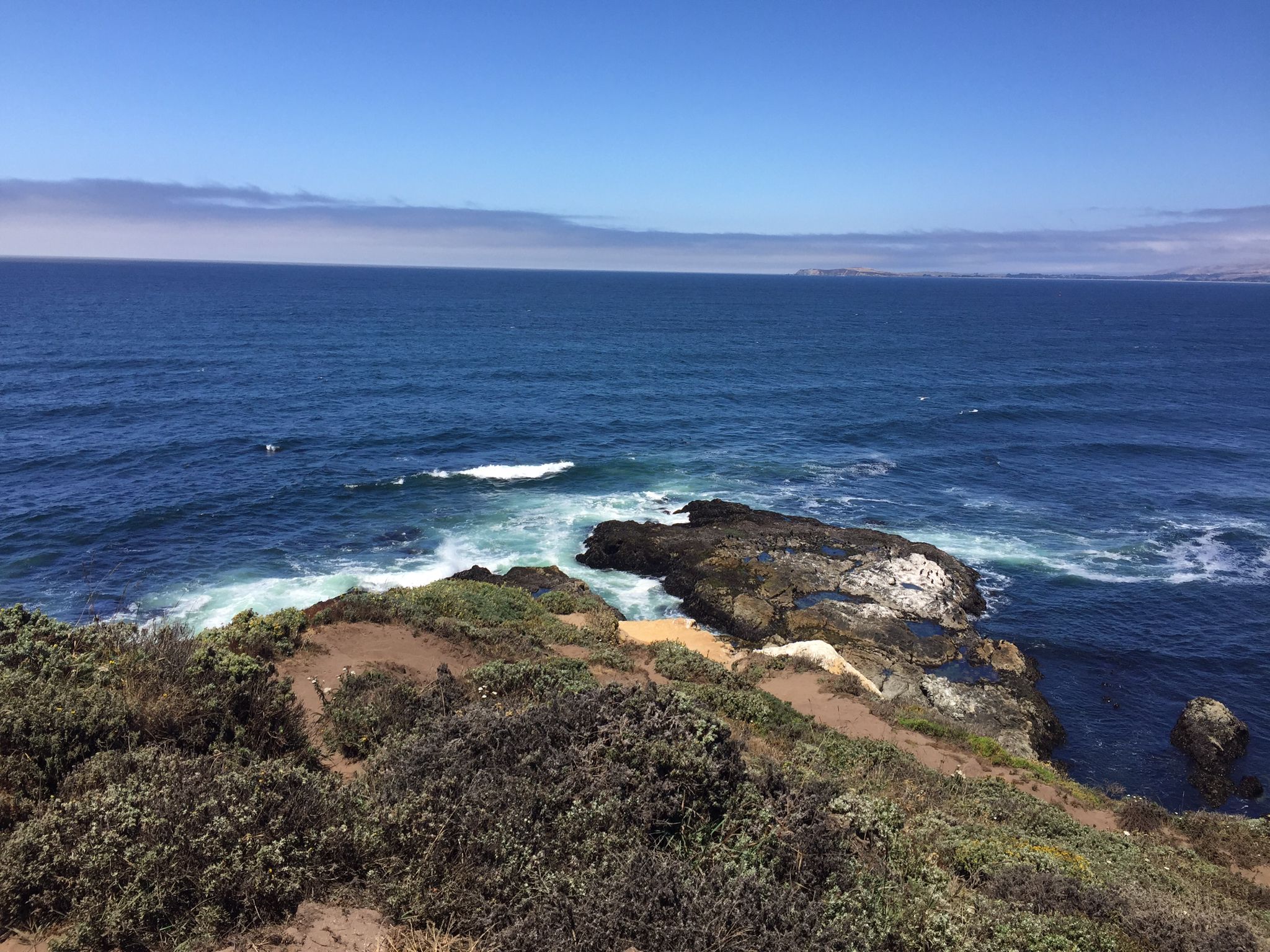 Deep blue ocean waves crash against dark rocky outcrops and green coastal cliffs. - Tomales Point Trail