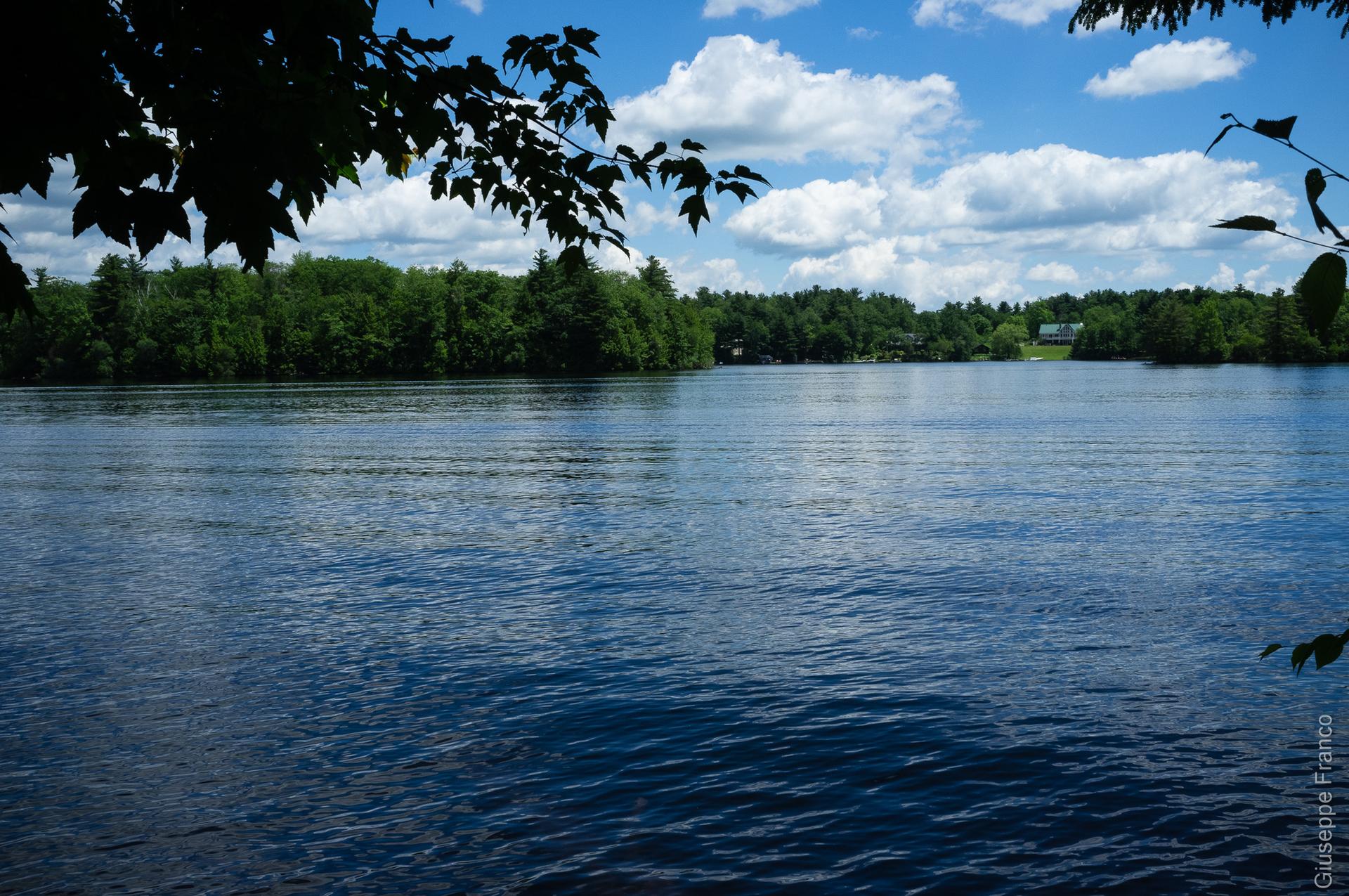 Bright daylight over a calm lake with a forested shoreline and cloudy sky.