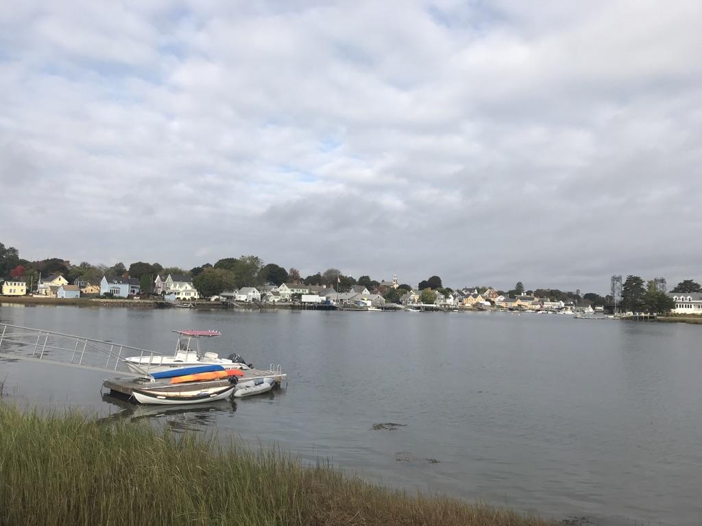 Overcast day over a calm bay with boats docked near houses.