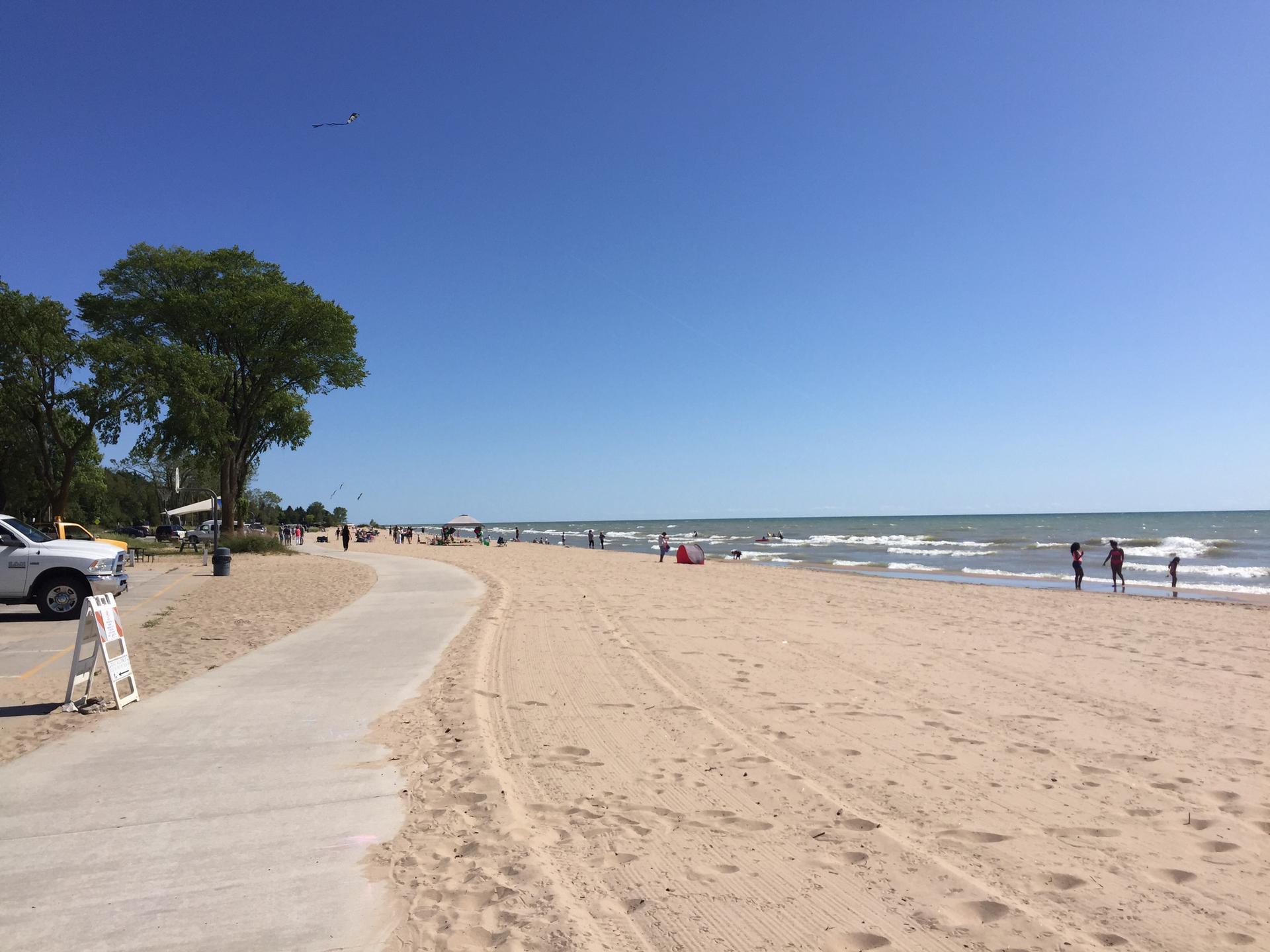 Sunny beach with a paved path, green trees, and people by the water.