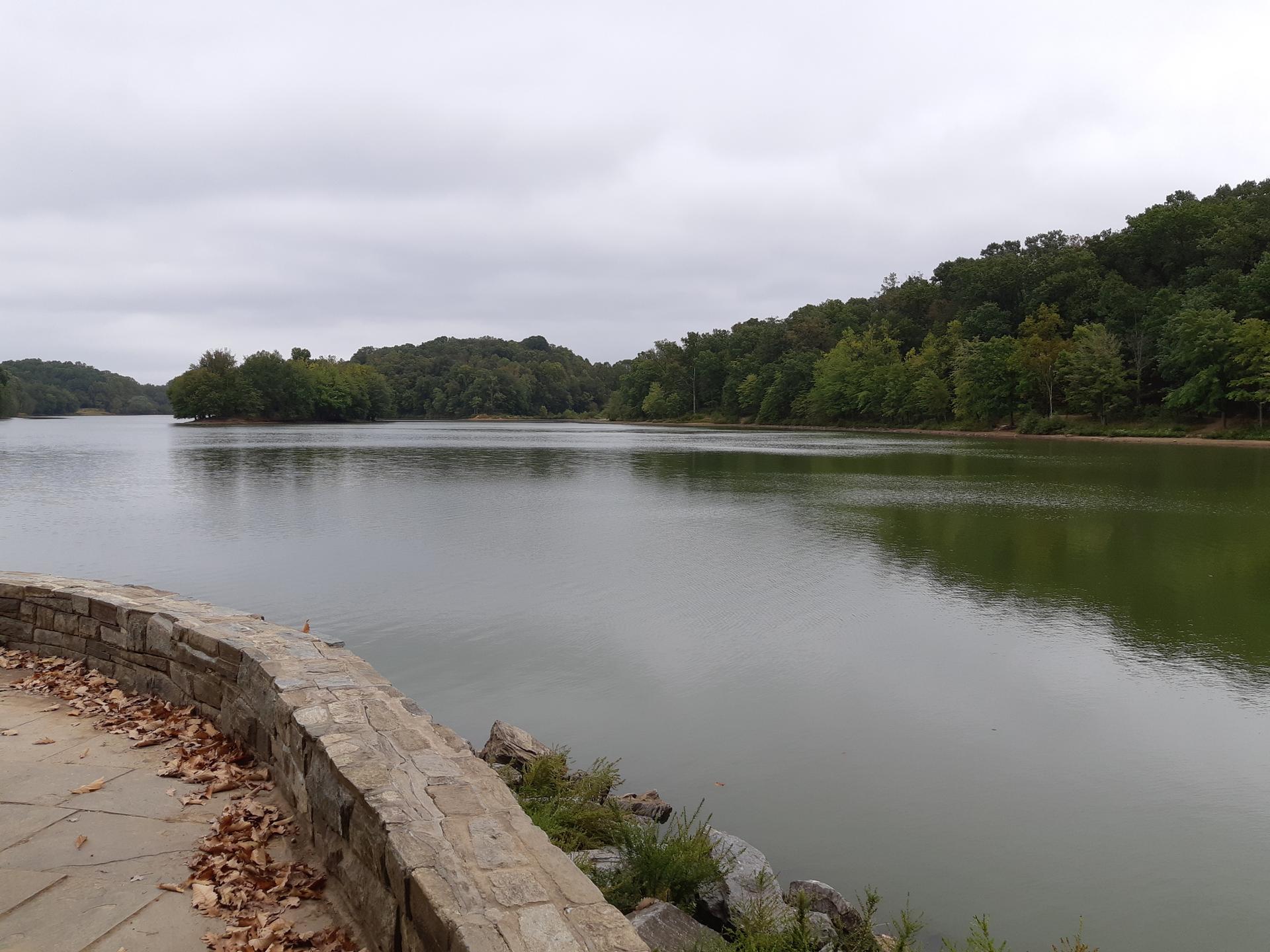 A wide, calm lake surrounded by forested hills under an overcast sky.
