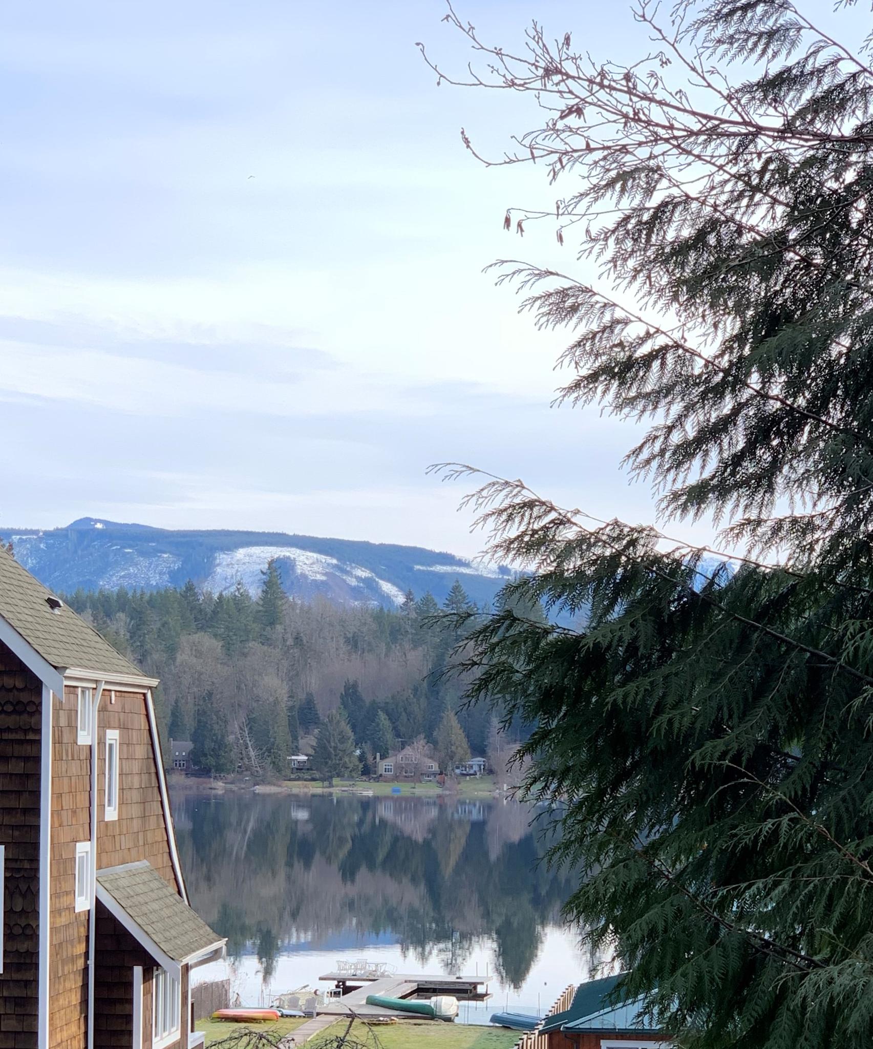 Lake reflecting trees, with a house, boats, and distant snowy mountains under an overcast sky.