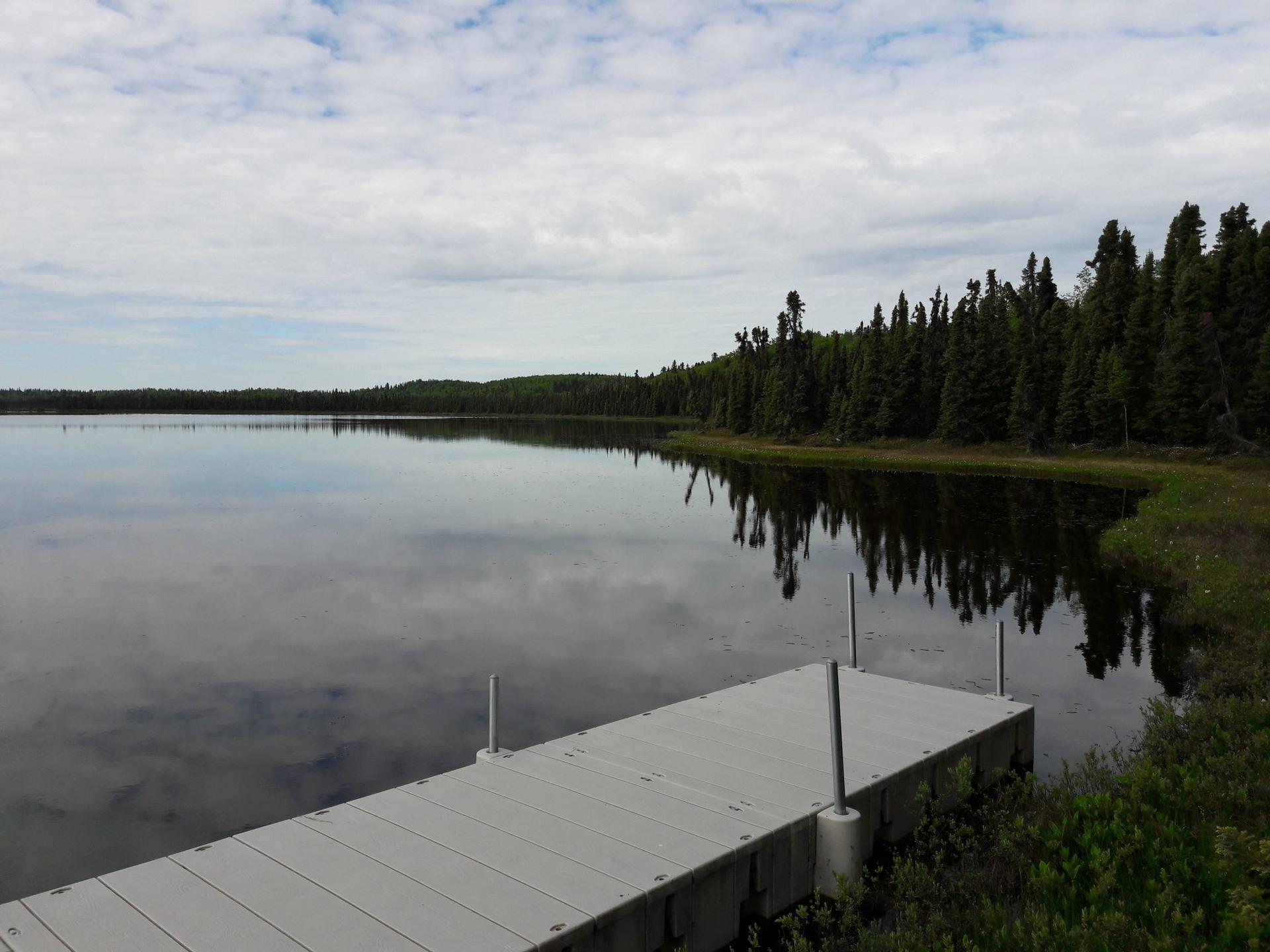 Calm lake with a dock under a cloudy sky, surrounded by dense forest.