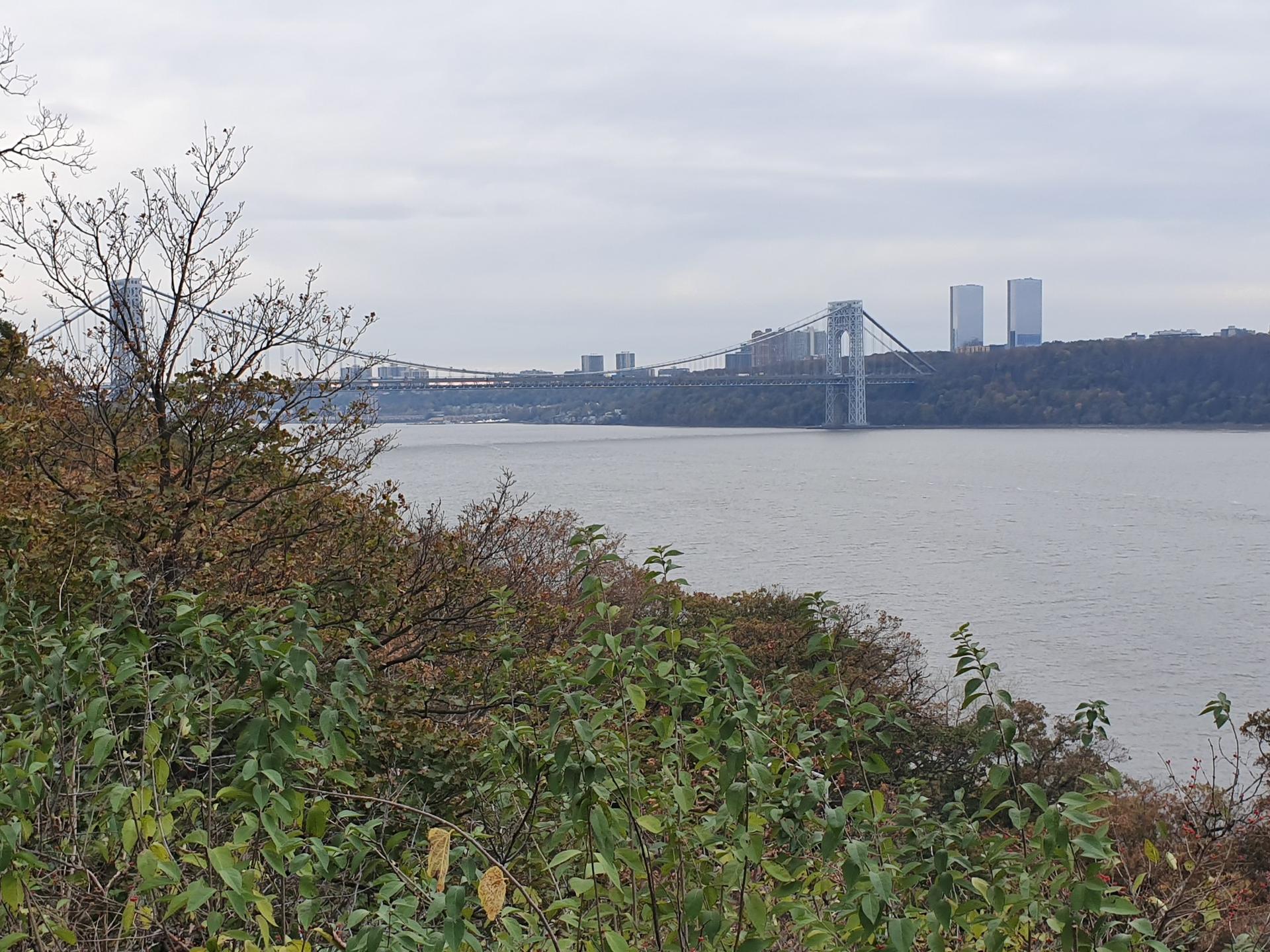 Overcast view of a wide river, distant bridge, and green and autumn foliage.
