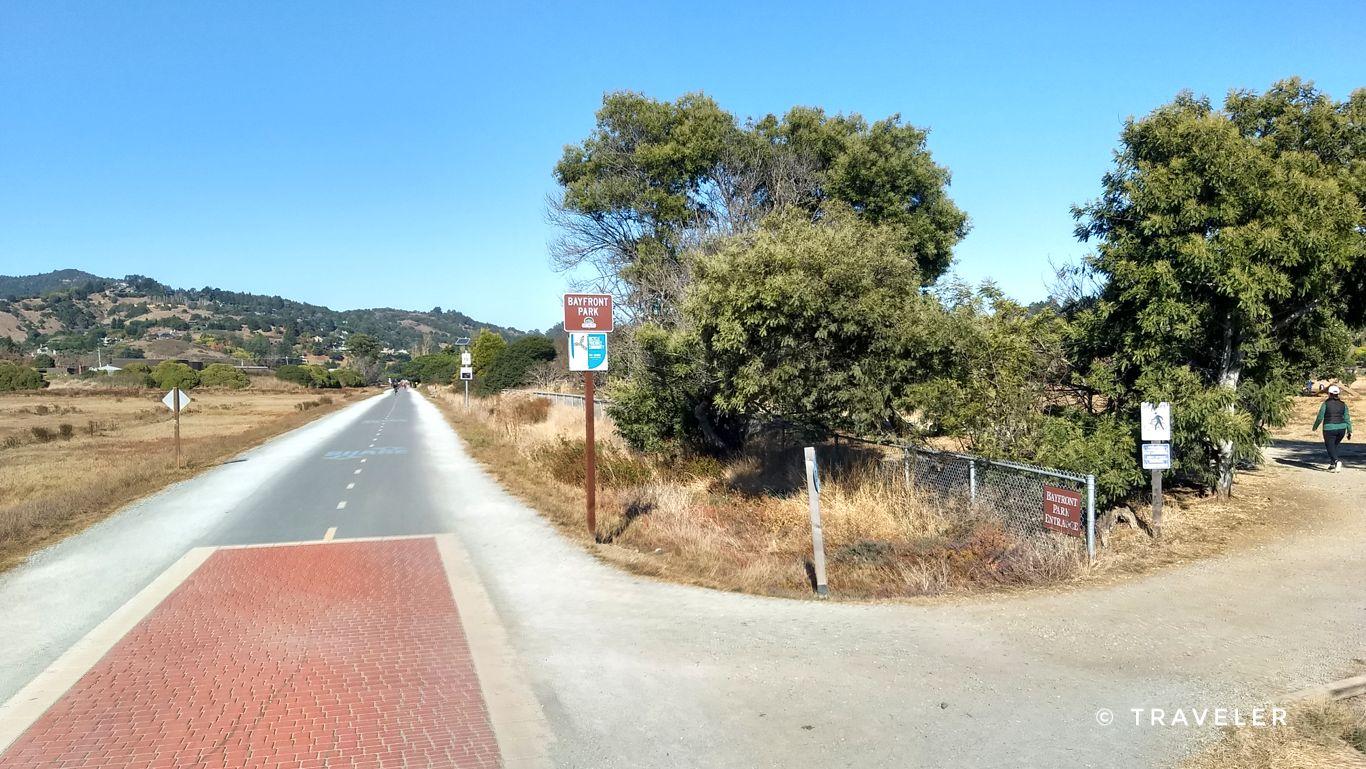 Paved road and dirt path diverge, person walking, sunny day.