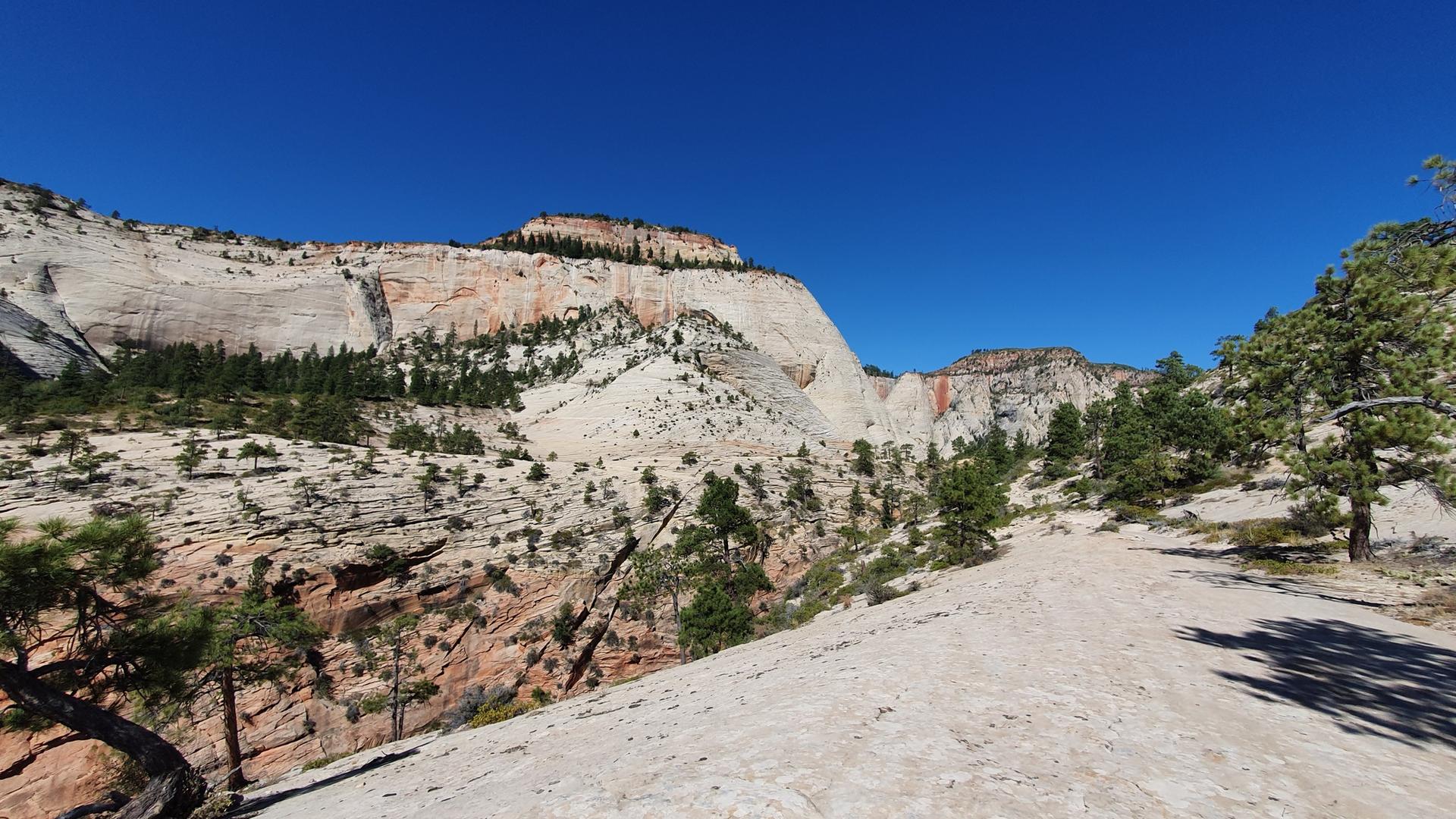 Bright daylight illuminates vast rocky mountains with scattered green trees.