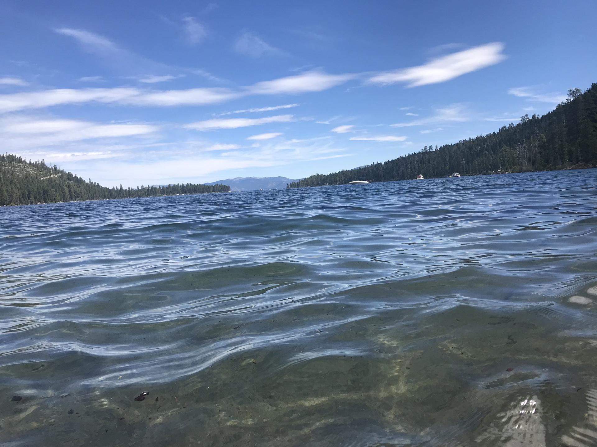 Close-up of clear lake water with distant forested shores under a cloudy sky.