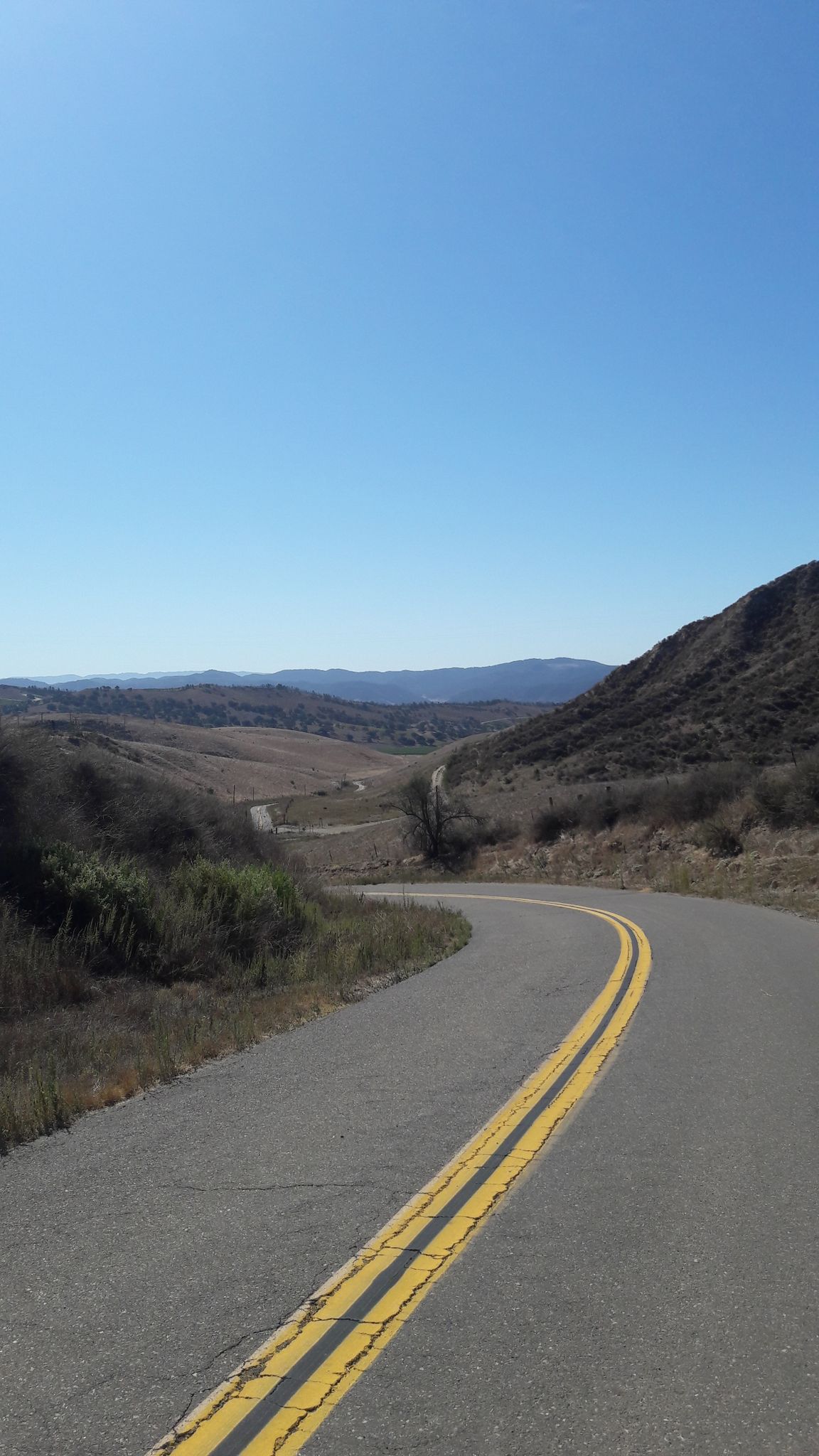 Winding road with double yellow lines through hills under a clear sky. - Foxen Canyon Loop