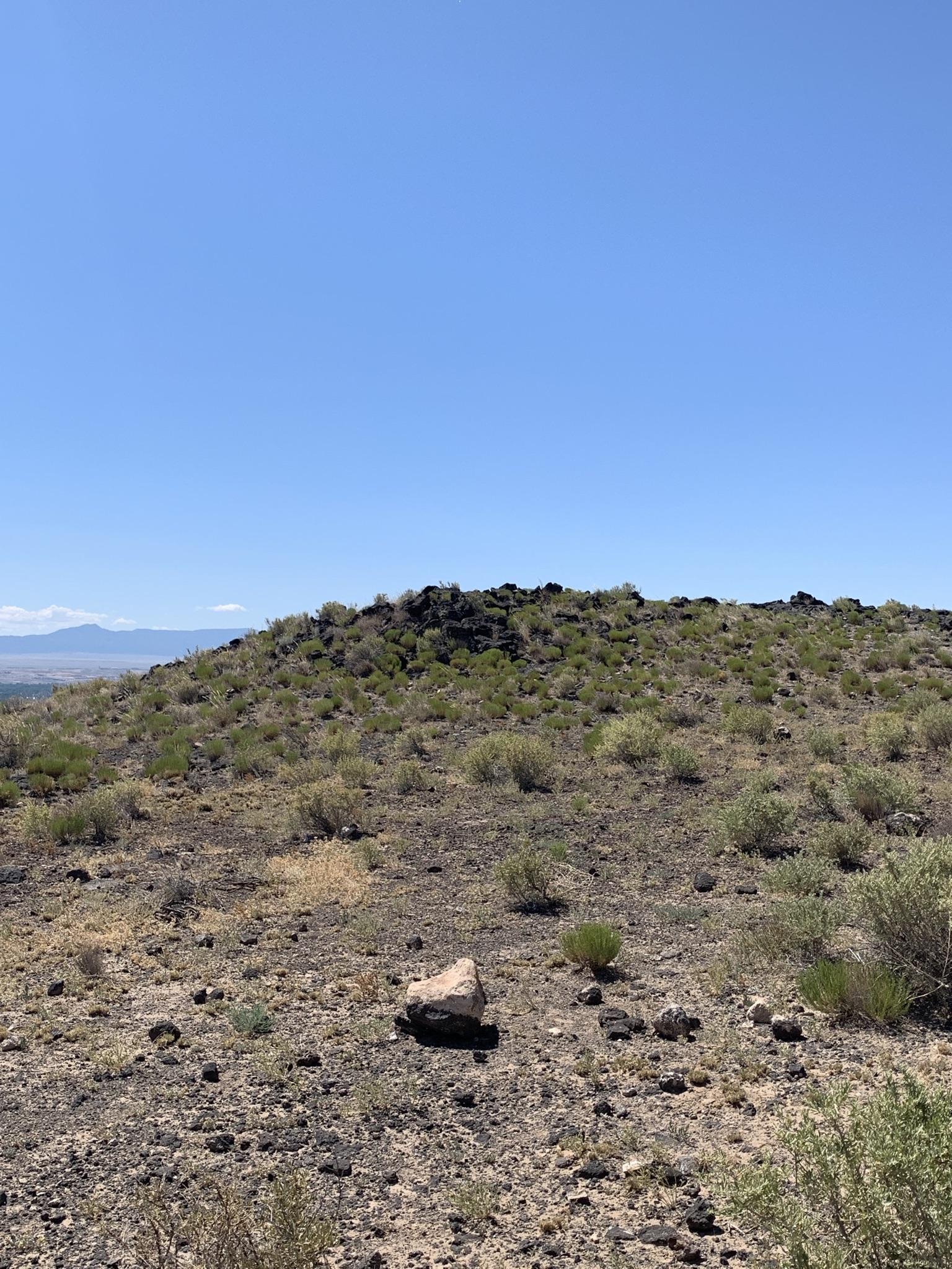 Rocky, arid landscape with sparse vegetation under a clear blue sky.