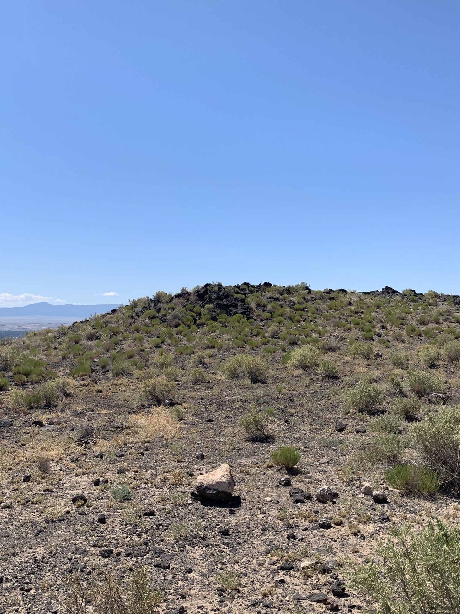 Rocky, arid landscape with sparse vegetation under a clear blue sky. - Volcanoes Trail loop
